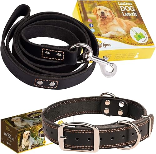 Juego de collar y correa para perro de piel negra, correa para perro de 6 pies x 34 pulgadas y collar para perros grandes