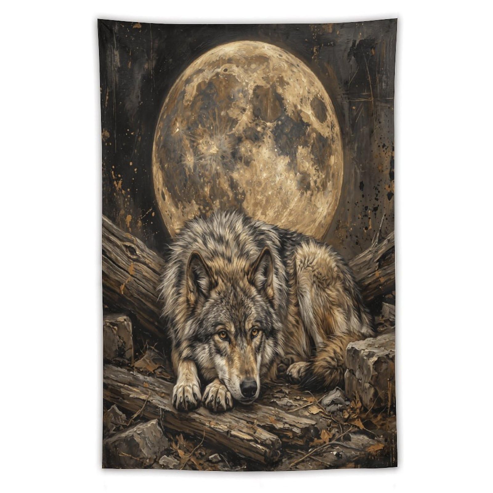 H3B8U2Y5 Wolf Moon Woodland Wall Tapestry, Realistic Illustration, Bed
