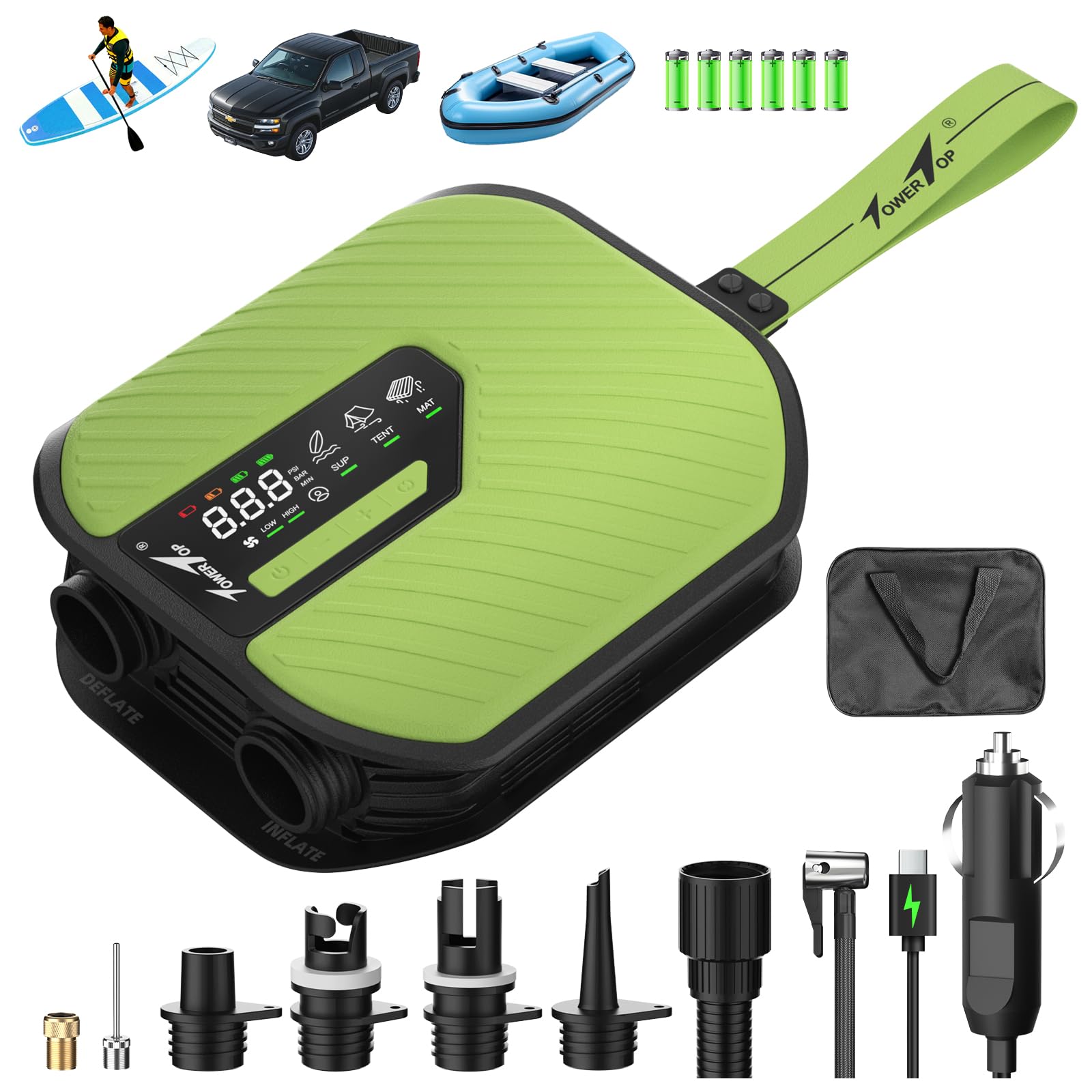 TowerTop 10500mAh Electric Paddle Board Pump-50PSI Rechargeable Sup/Car Pump Dual Stage (Inflation & Deflation) with Cooling Fan, 8 Nozzles, HD LCD Display - for Paddle Boards, Inflatables, Kayaks,Car-image-12