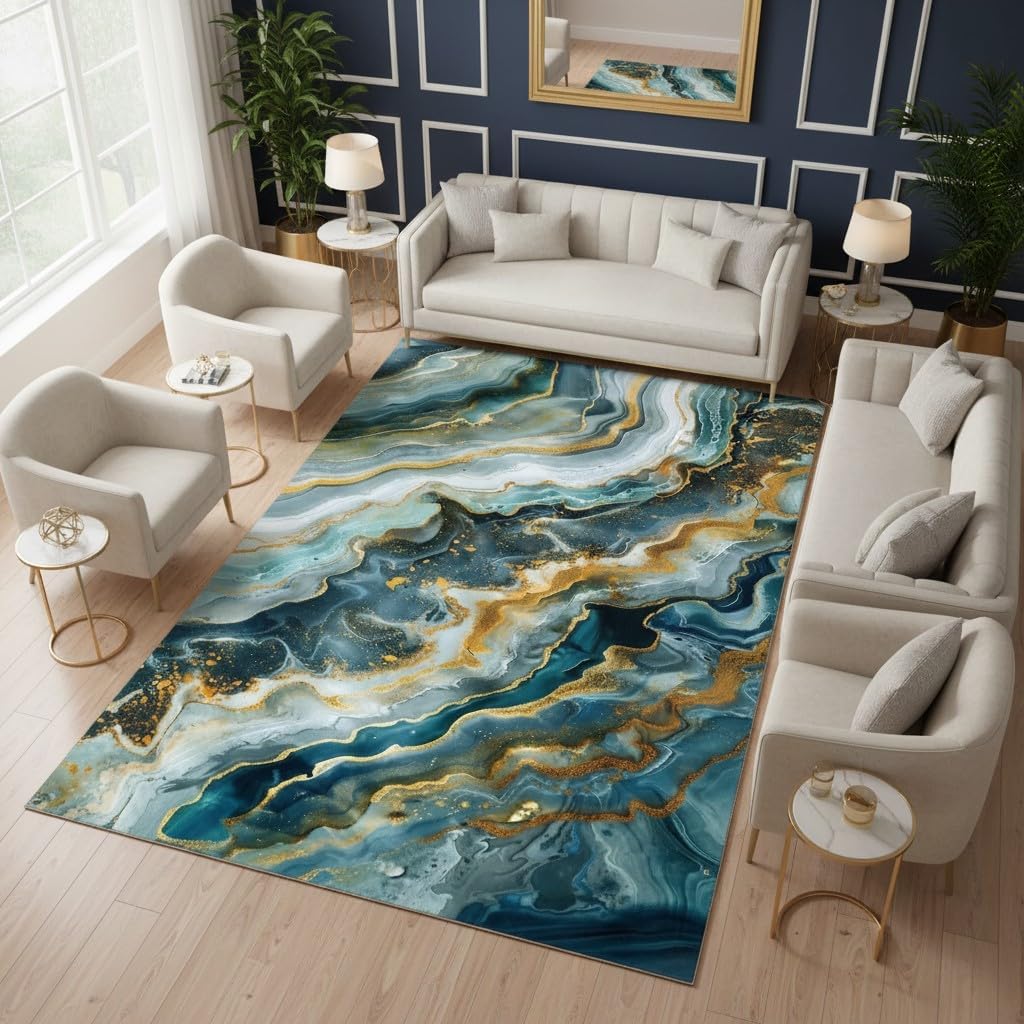 Luxury Elegant Abstract Area Rug 8×10 Teal Gold Vintage Liquid Swirl Marble Rugs…