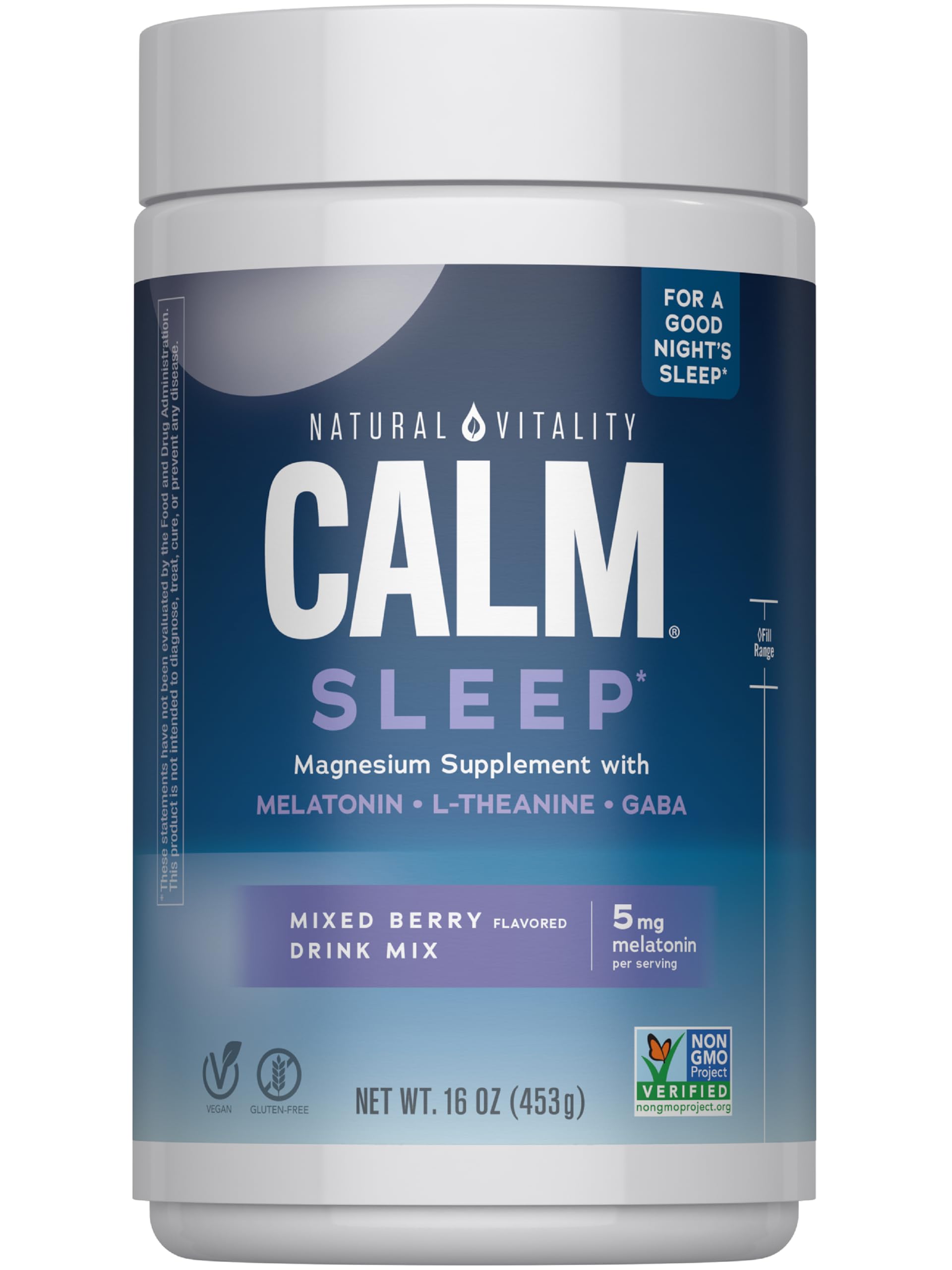 Natural Vitality Calm Sleep, Melatonin & Magnesium Citrate, Sleep Aid Drink Mix, GABA, Aid, Vegan, Gluten Free Non-GMO, Mixed Berry, 16 Oz