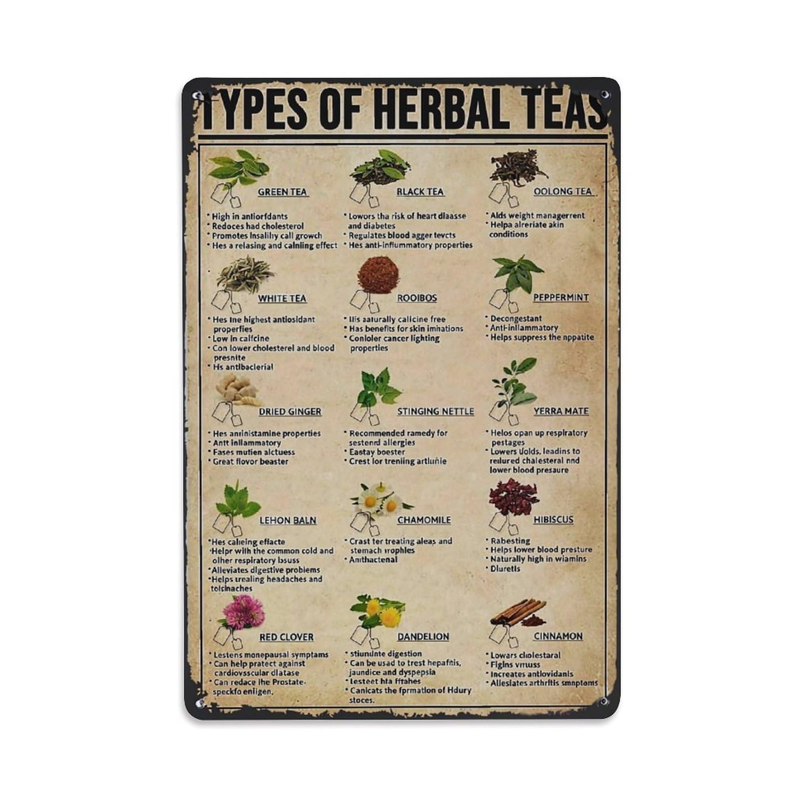 Jdfenggu Vintage Types Of Herbal Teas Retro Metal Tin Sign, Decor Art Poster For Bar, Home, Man Cave, Kitchen, Laundry Room Gift 8X12inch