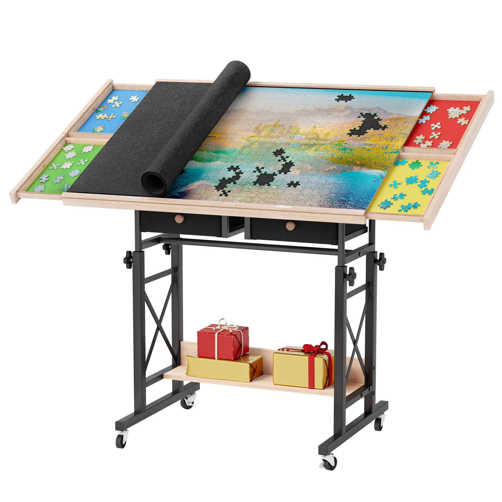 YITAHOME Table de puzzle de 1500 pièces avec 4 tiroirs, planche de puzzle inclinable réglable avec angle d'inclinaison et réglage de la hauteur, tables de puzzle portables avec couvercle et étagère de