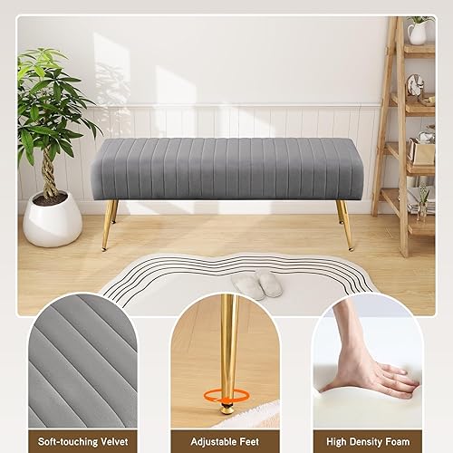 Miniatura 6 de Furnimart Banco otomano moderno de terciopelo gris de 44 pulgadas, banco tapizado moderno para dormitorio, reposapiés, banco interior para entrada,