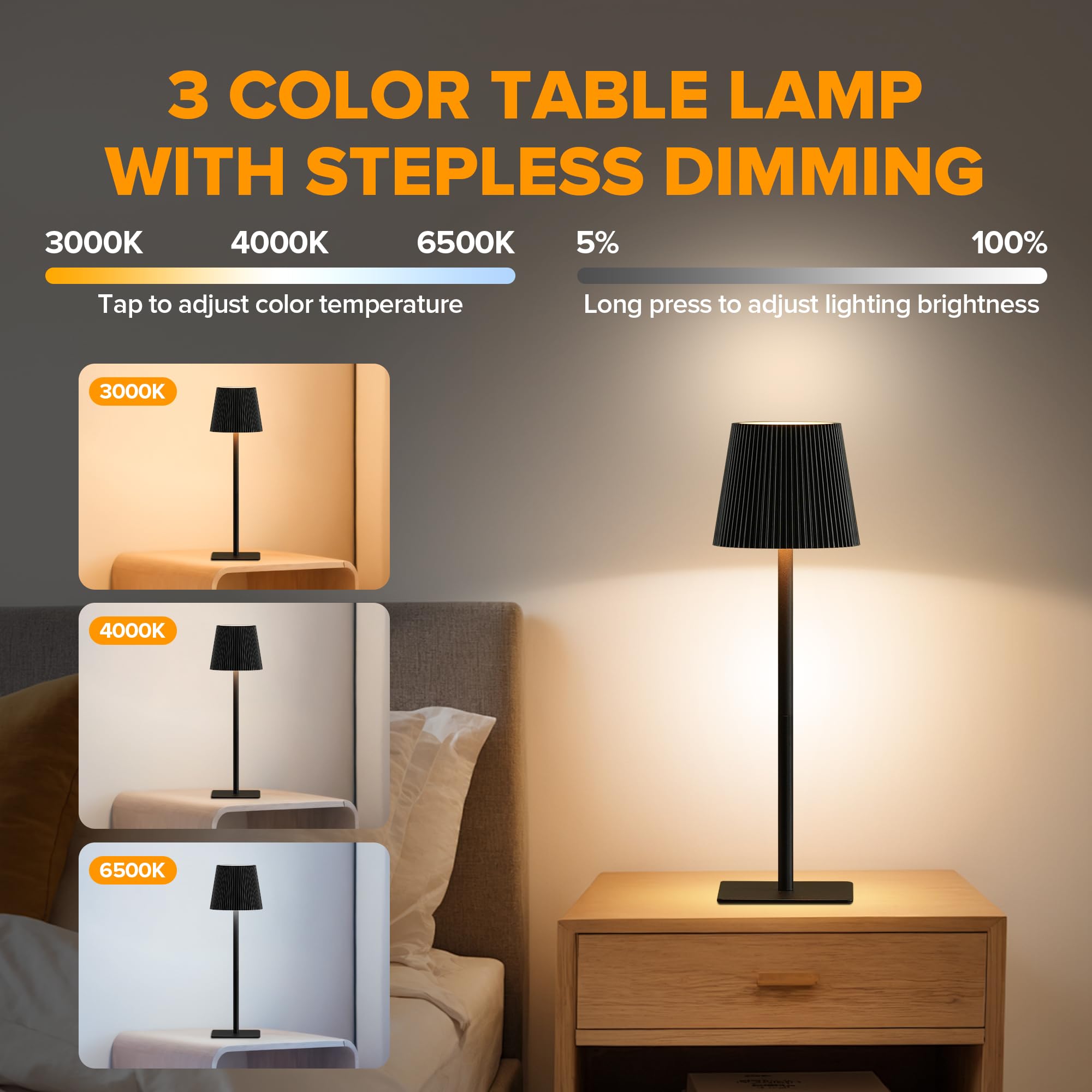 LUTEC Paquete de 4 lámparas de mesa inalámbricas, lámpara de escritorio recargable de 6000 mAh, dos alturas ajustables, impermeable, control táctil y atenuación continua de 3 colores para restaurante
