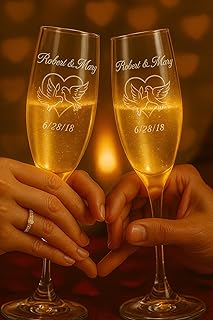 GIFTS INFINITY® Engraved Wedding Hearts With Dove Champagne Flutes Set of 2 Personalized Toasting Glasses - Valentine's Day Gift (Fl-17)