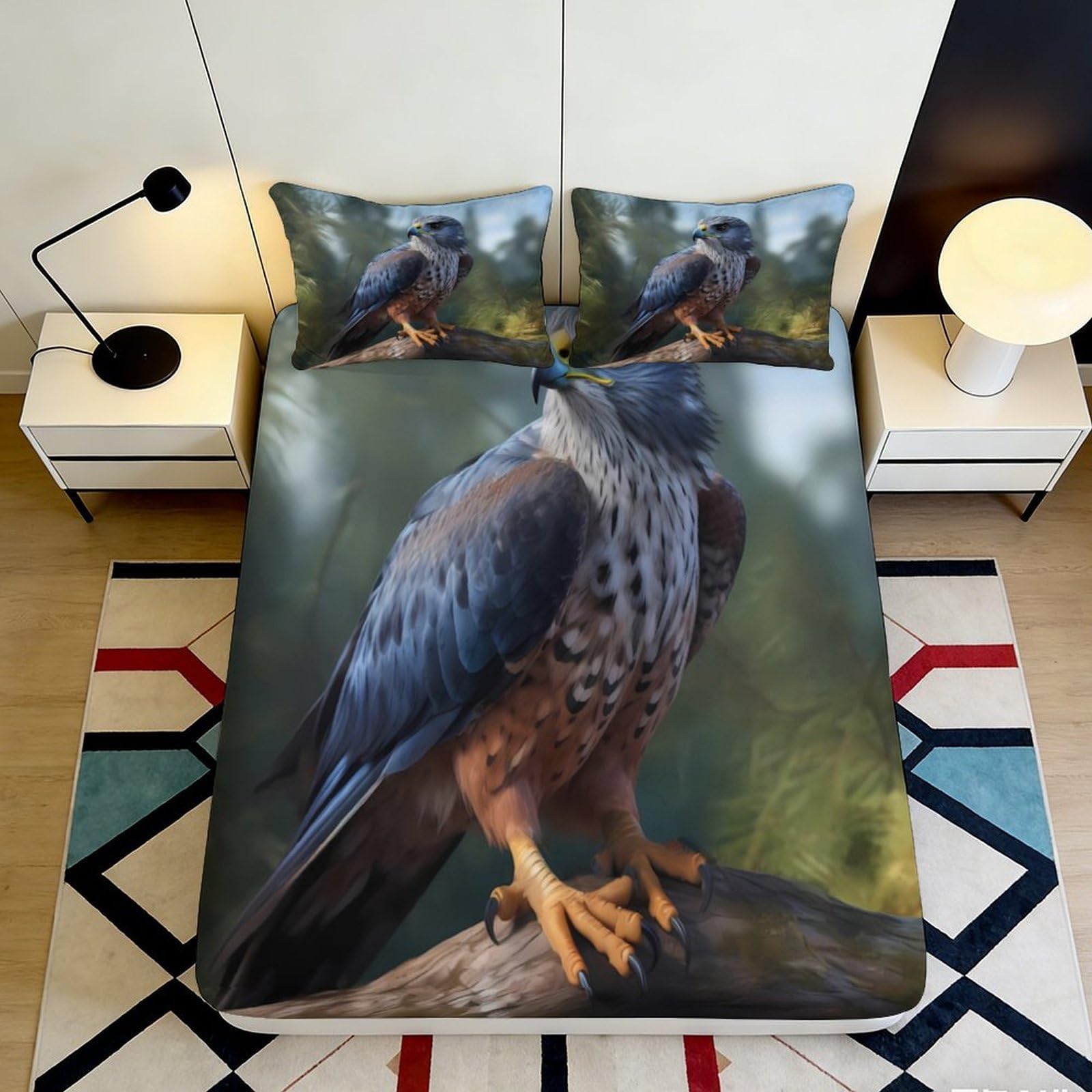 3D Printed Hawk Forest Fitted Sheet Microfiber Soft Non-Slip Bird Branch Mattress Cover for Bedroom Guest Room Decor 90x200x25cm