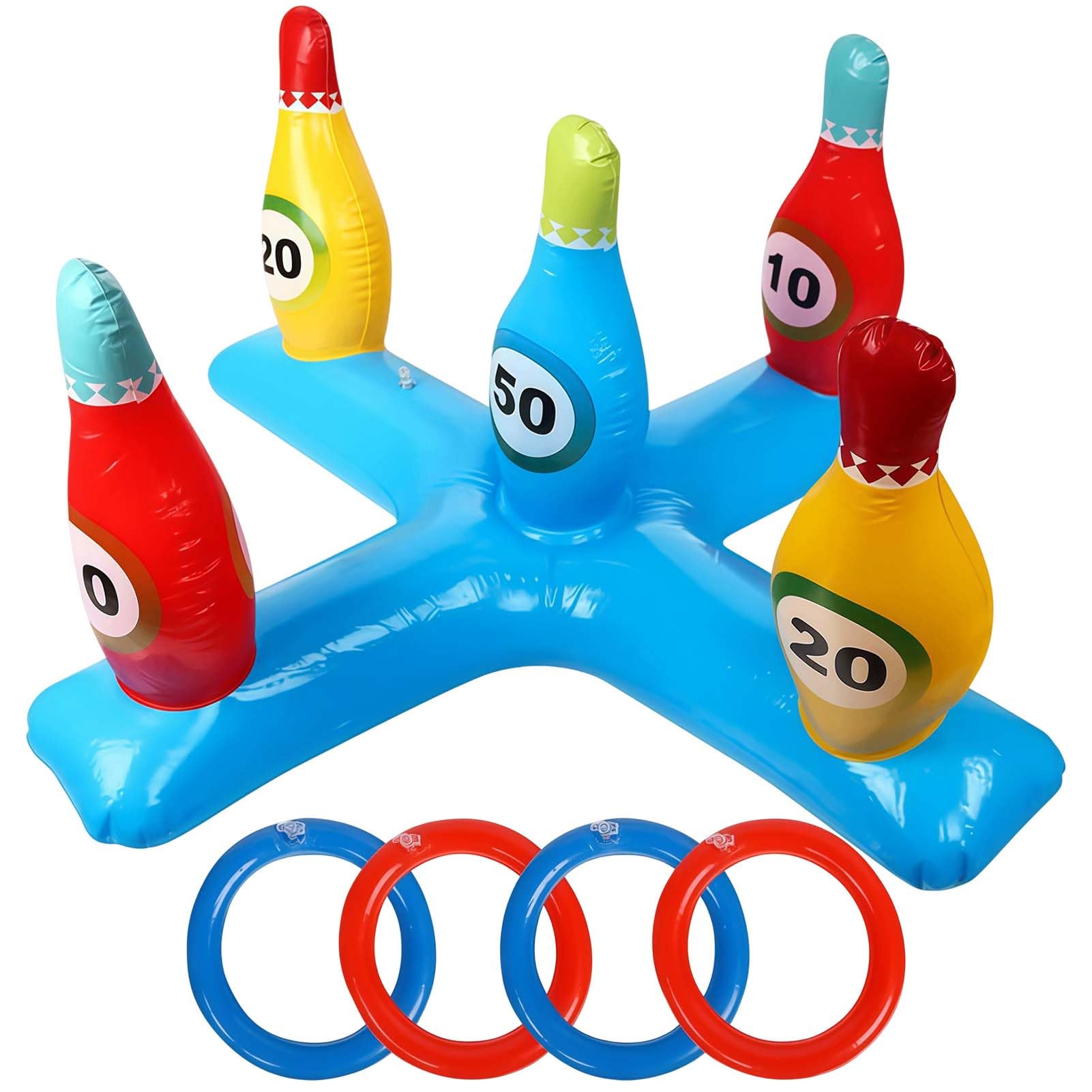 Inflatable Bowling Cross Ring,Inflatable Pool Bowling Infla-table Swimming Pool Hoop G-ame In-flatable Floating Hoop Game with 4 Rings, Swimming P-ool Float Game for Hawaii Party Decor Swim-ming P-ool