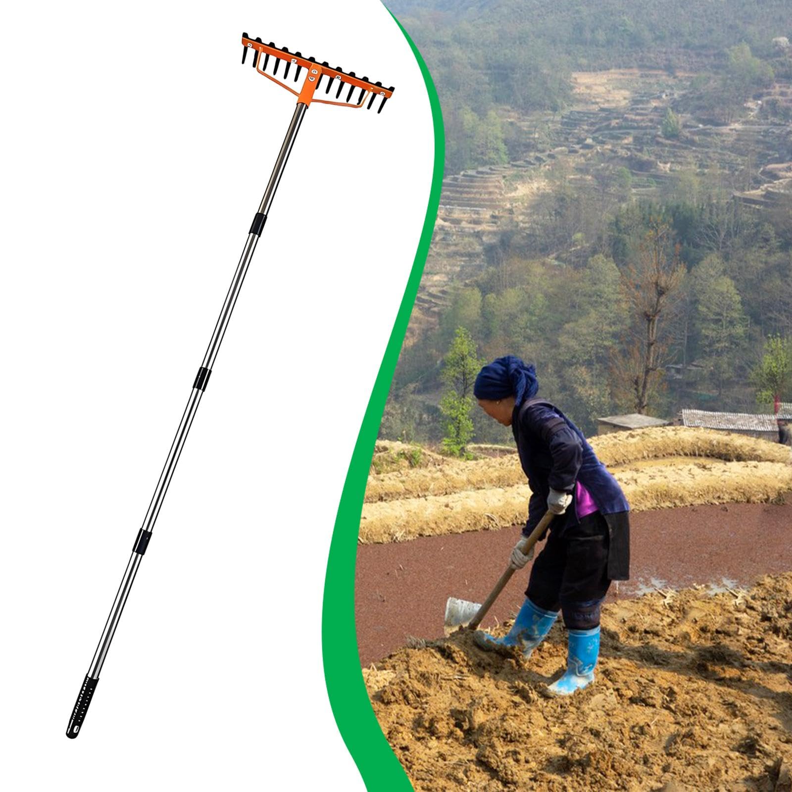 Rastrillo de Jardín para Y Recolección de Hojas Metálica para Mantenimiento del Suelo Accesorio Multifuncional Adecuado para Exterior, Mango Largo