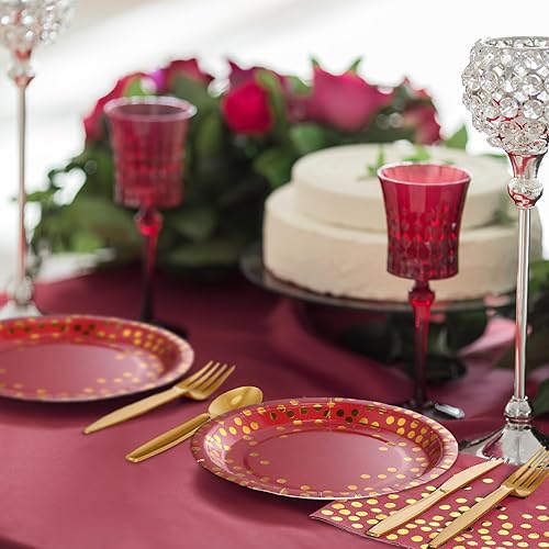 Miniatura 3 de 256 piezas de suministros de fiesta burdeos y dorados, platos de papel, servilletas, vasos, manteles desechables de punto dorado, tenedores,