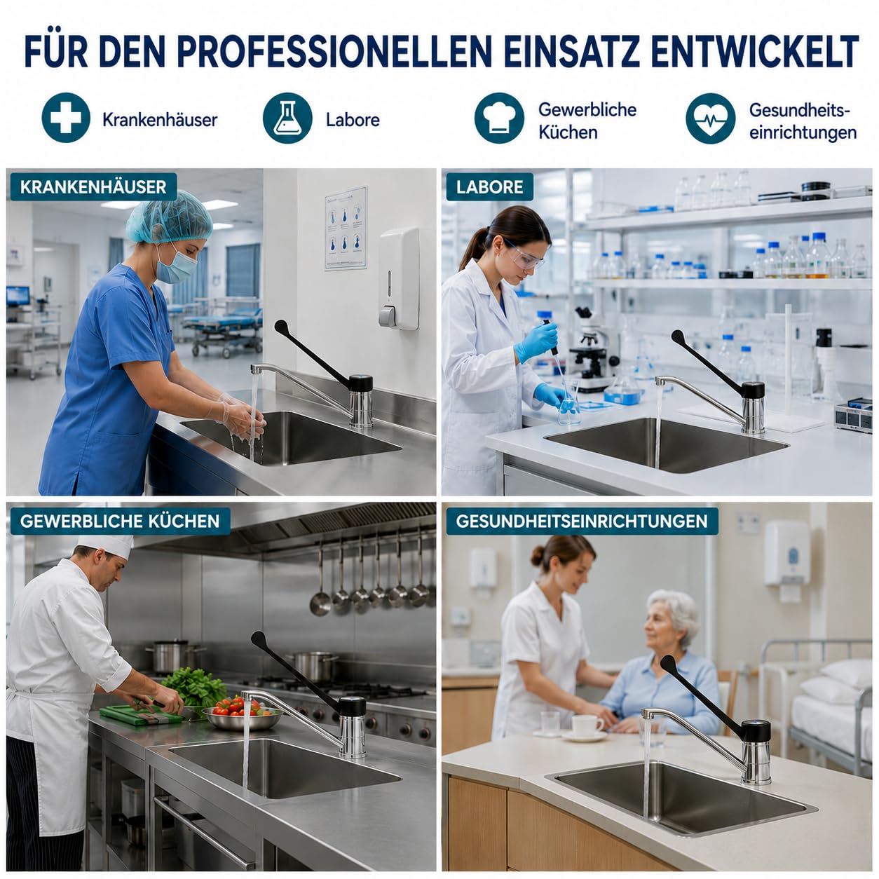 GOLDMAN SERVICE | Gerontologischer Einhebelmischer, langer Hebel 30 cm, 360° Auslauf, sanitäre und hygienische Kran für Krankenhäuser, Kliniken, Labors und professionelle Küche