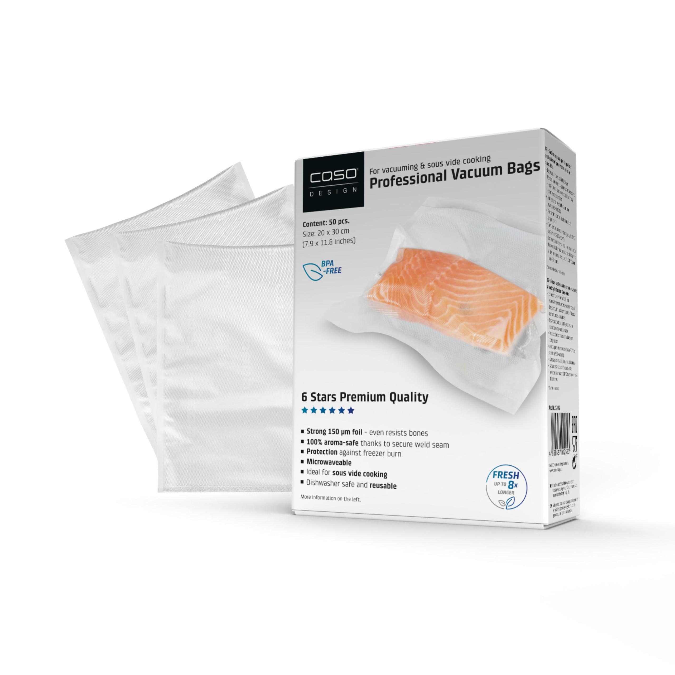 CASO 6 Star Line Vacuum Bags Embossed for Food, 50 Bags 20 x 30 cm for All Types of Vacuum Machines, Very Resistant and Tear-resistant, Sous Vide, 150 µm, BPA Free