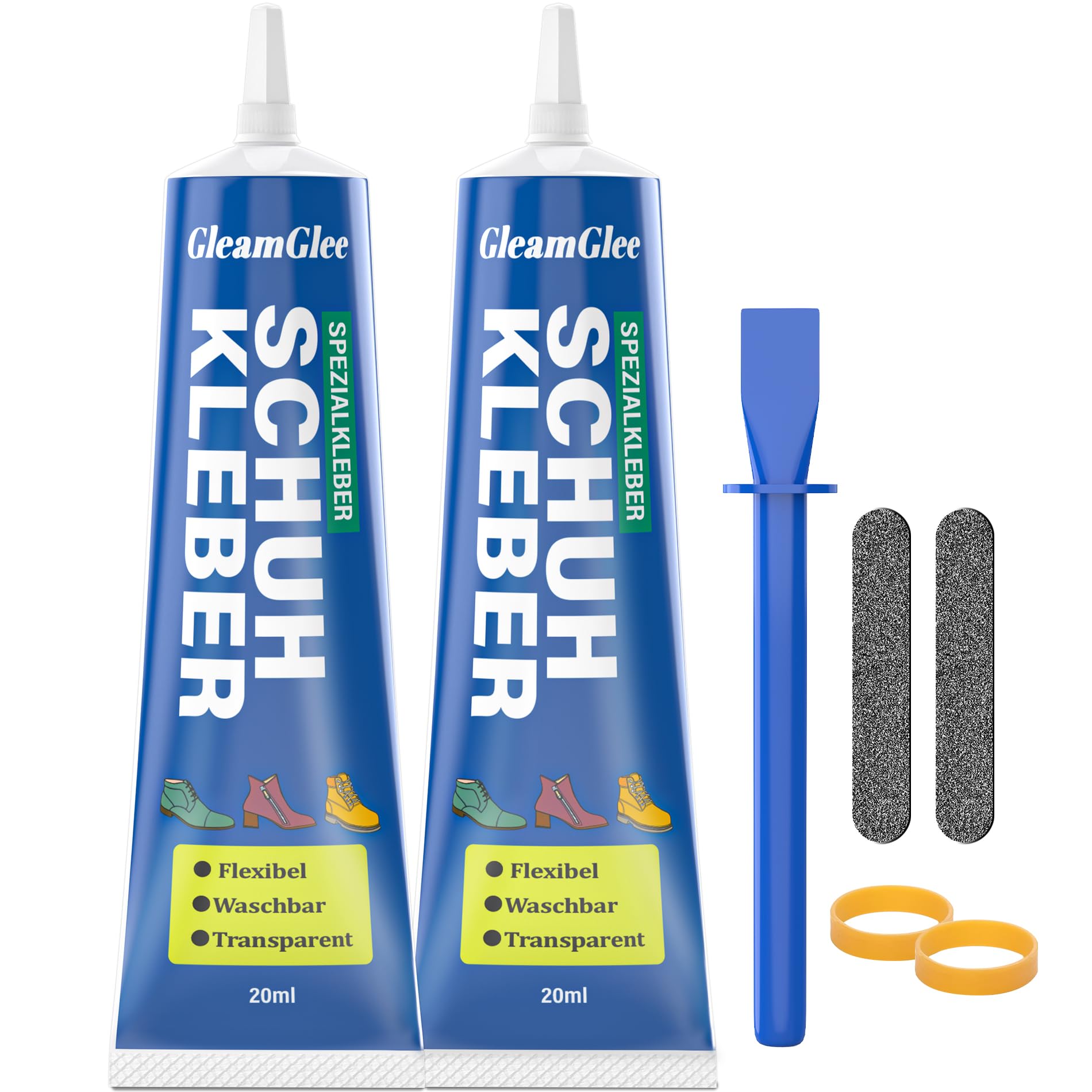 Spezialkleber Schuhkleber extra stark – wasserdichter, elastische und transparenter Textilkleber Sohlenkleber Absatzkleber Lederkleber, Reparaturkleber für Schuhe, Sohlen, Leder, Vinyl & mehr – 2x20ml
