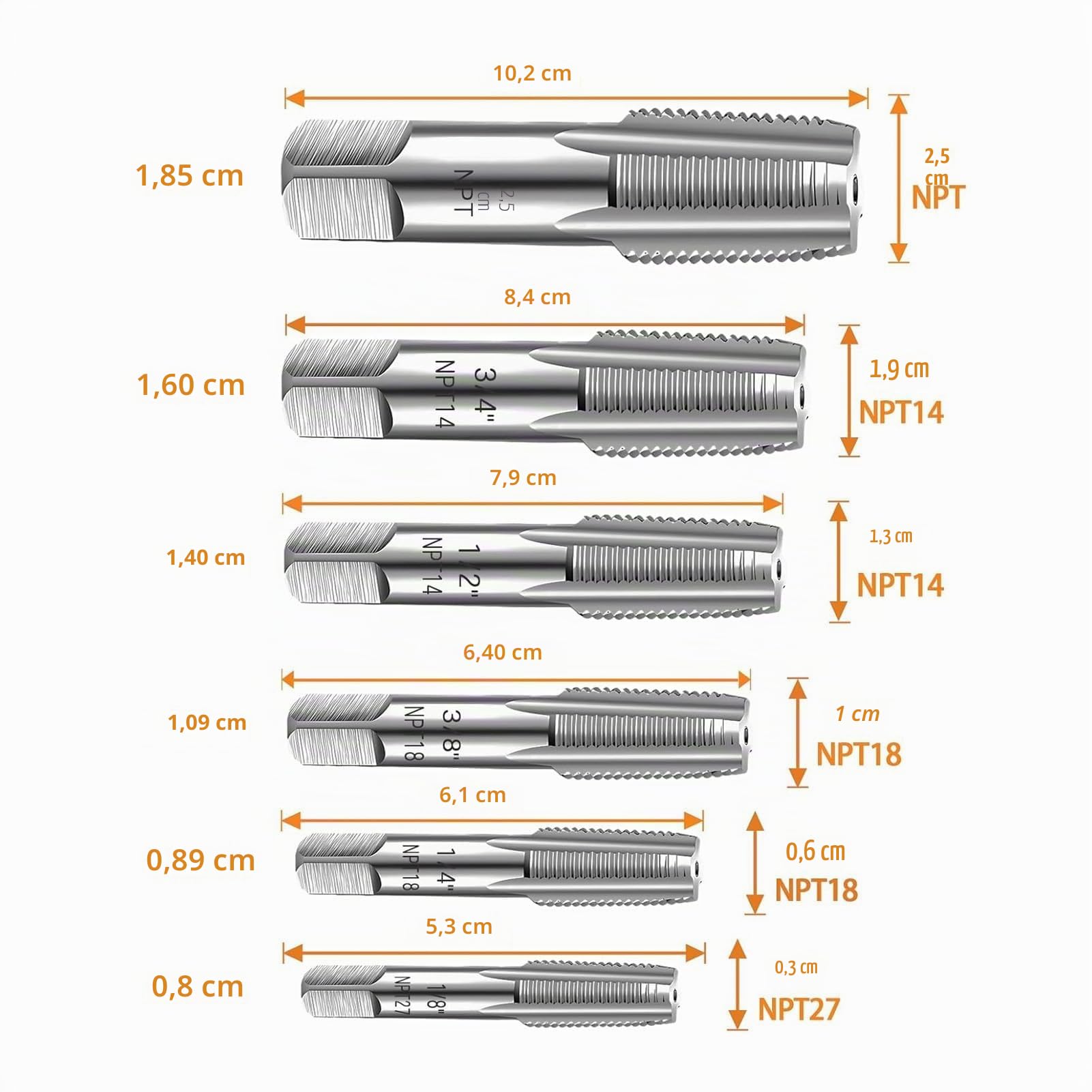 NPT Rohrgewindebohrer Set 6 teilig 1 Zoll 3/4 1/2 3/8 1/4 1/8 Zoll Gewindeschneider Innengewinde