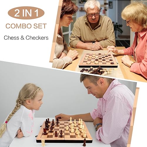 Miniatura 7 de RERIVER Juego de ajedrez y damas de madera magnética de 15 pulgadas, juegos de mesa plegables clásicos con tablero de juego de fieltro interior para