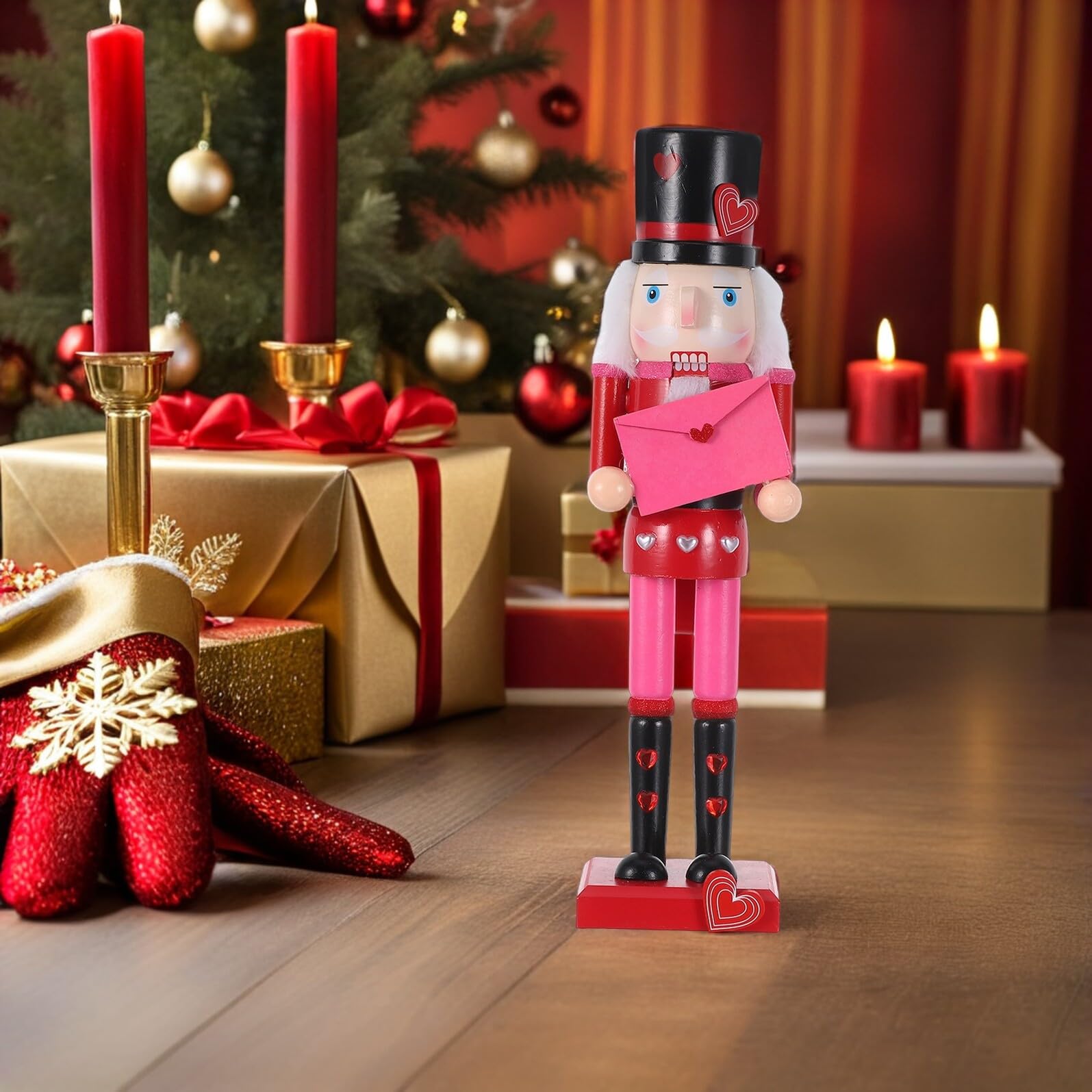 VANZACK Traditioneller Holz Nussknacker 36cm Valentinstag Deko Soldatenfigur mit Herz Rot Handbemalt für Tisch Kaminsims Weihnachten