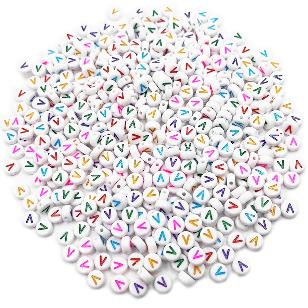 500PCS 4x7mm Acrylic Letter Beads V for Friendship Bracelets Jewelry Making White Flat Round Acrylic with Colourful Alphabet Beads for DIY Crafts Bracelets Necklaces Key Chains Phone Lanyard