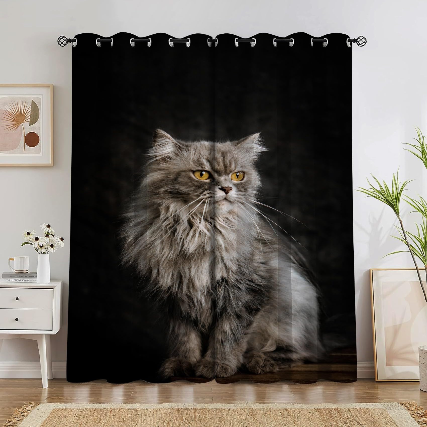 Lot de 2 rideaux thermiques occultants imprimés chat gris pour décoration de fenêtre