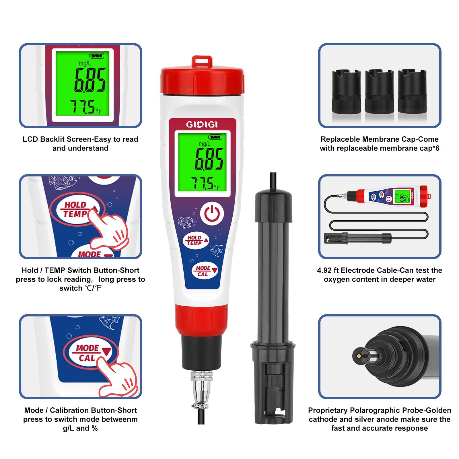 Misuratore di ossigeno disciolto, tester di ossigeno per stagno, 0,0-40,0 mg/L, con cavo sonda esteso da 1,5 m, ATC, LCD retroilluminato, per stagno, acquario, acquari, acque reflue, birra
