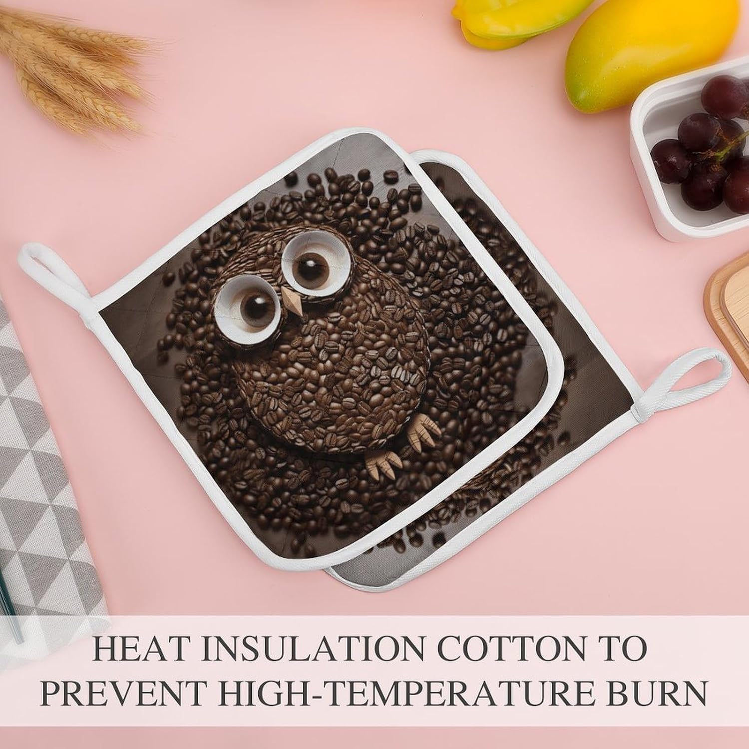 Coffee Bean Owl Polyester Heat Resistant Pot Pad Non Slip Anti Scald Hot Dish Mat Reusable Table Protector for Kitchen Hot Pot Mat Wear Resistant Heat Proof Table Pad for Countertop Dining Room