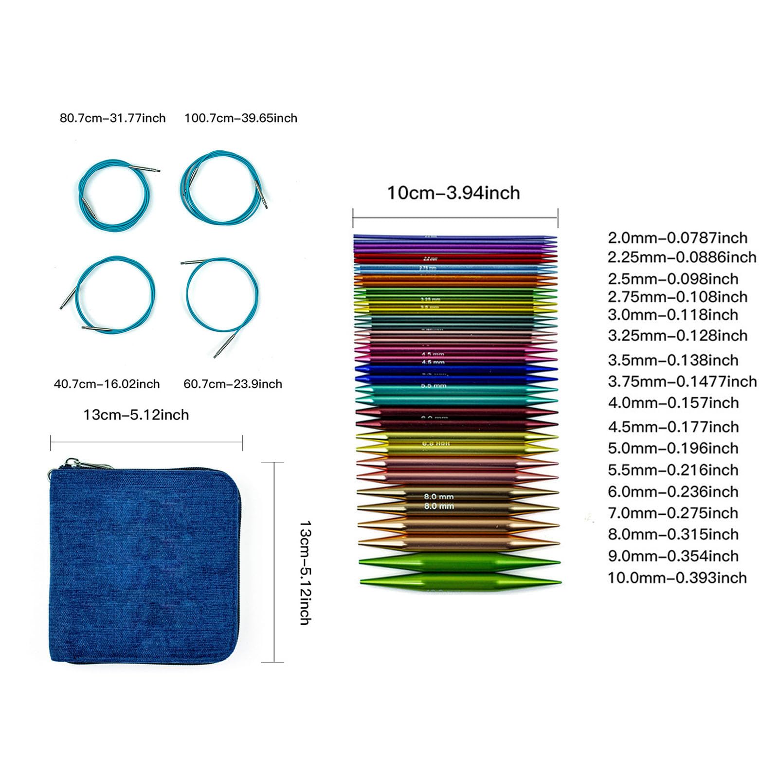 Depisuta Juego de Agujas Circulares Intercambiables, 18 Pares de 10 Cm | Aluminio de 2,0 a 10,0 mm, 4 cables y bolsa de almacenamiento, kit de tejido, accesorios de tejido, herramientas de tejido