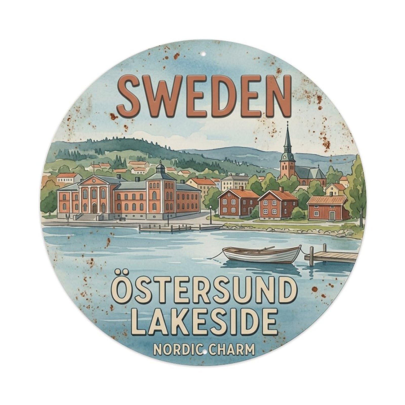 Vintage Travel Ostersund Sweden Lakeside Metal Tin Sign