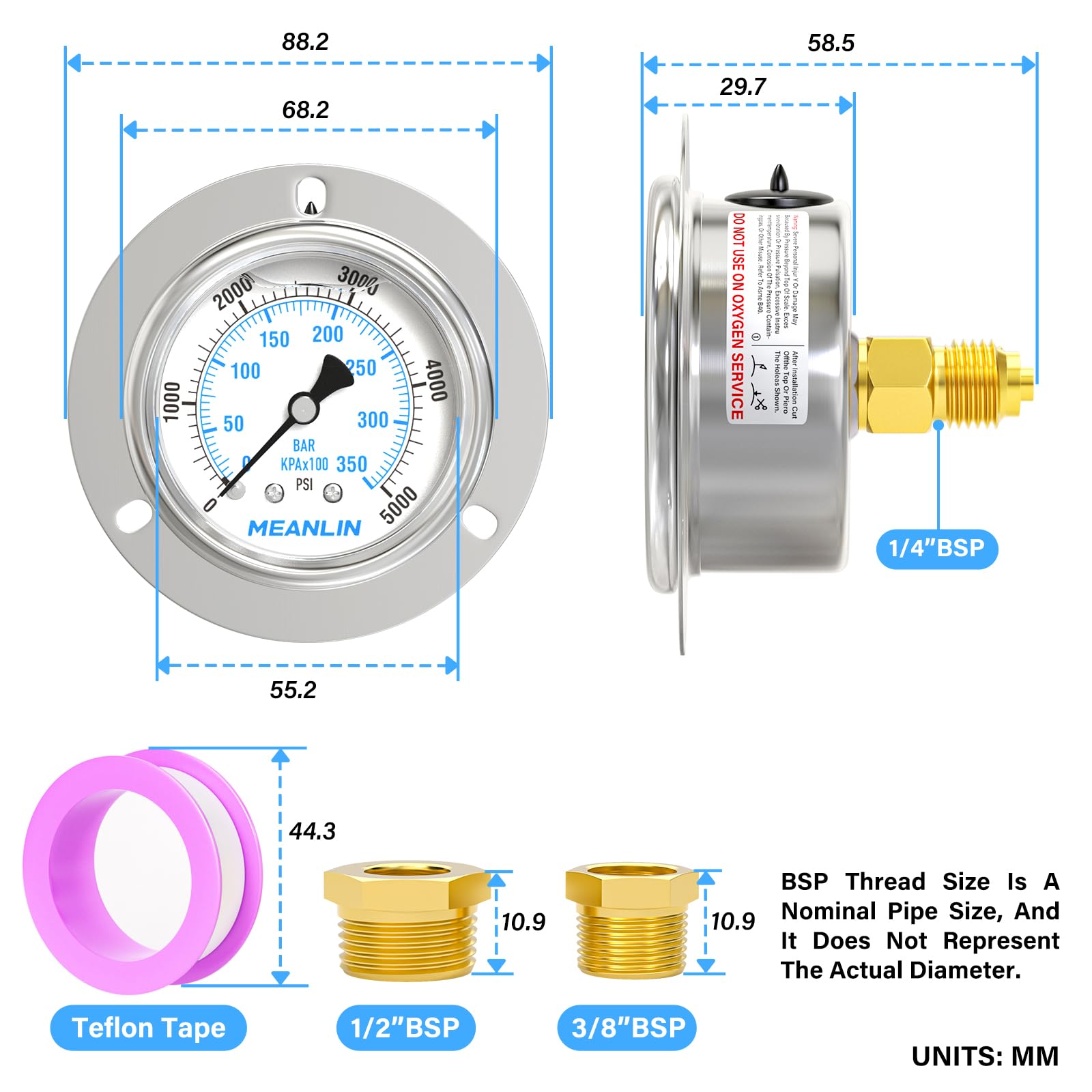 MEANLIN MEASURE 0~350BAR/0~5000PSI Manometro riempito di liquido Montaggio a pannello della flangia anteriore, 1/4" BSP 2.5"FACE DIAL Cassa in acciaio inox con vite e dado Phillips, +/-3-2-3%