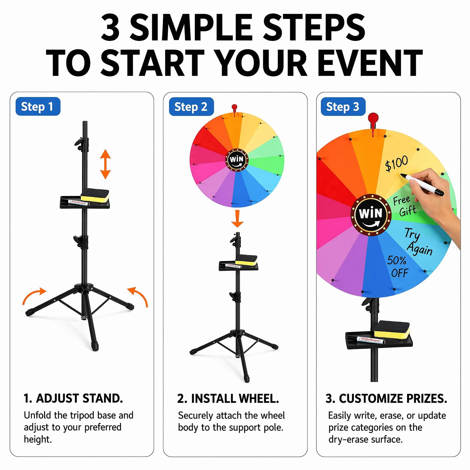 Glücksrad zum Drehen 61 cm, Höhenverstellbar 100 bis 160 cm Beschreibbar und Abwischbar mit Stift Tafelwischer und Ablage Abnehmbares Glücksrad für Gewinnspiele Verlosungen Events und Partys