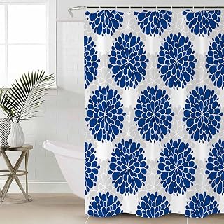 Dahlia Flower Shower Curtain Set - Small 36" x 72" Washable Bathtub Curtain with 12 Hooks, Farmhouse Botanical Blue Grey Floral Waterproof Fabric Stall Shower Curtains for Bathroom Décor