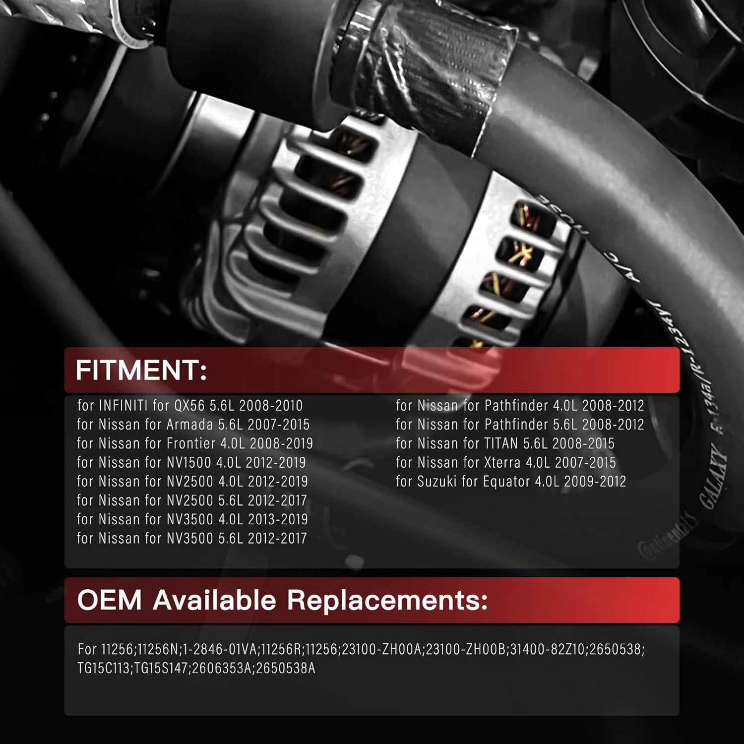 11256N Alternator 2007 2008 2009 2010 2011 2012 2013 2014 2015 for Nissan for Armada for Titan for Xterra for Pathfinder for Frontier 2008-2019 NV Series 4.0L 5.6L 12V 130A 7-Groove Pulley