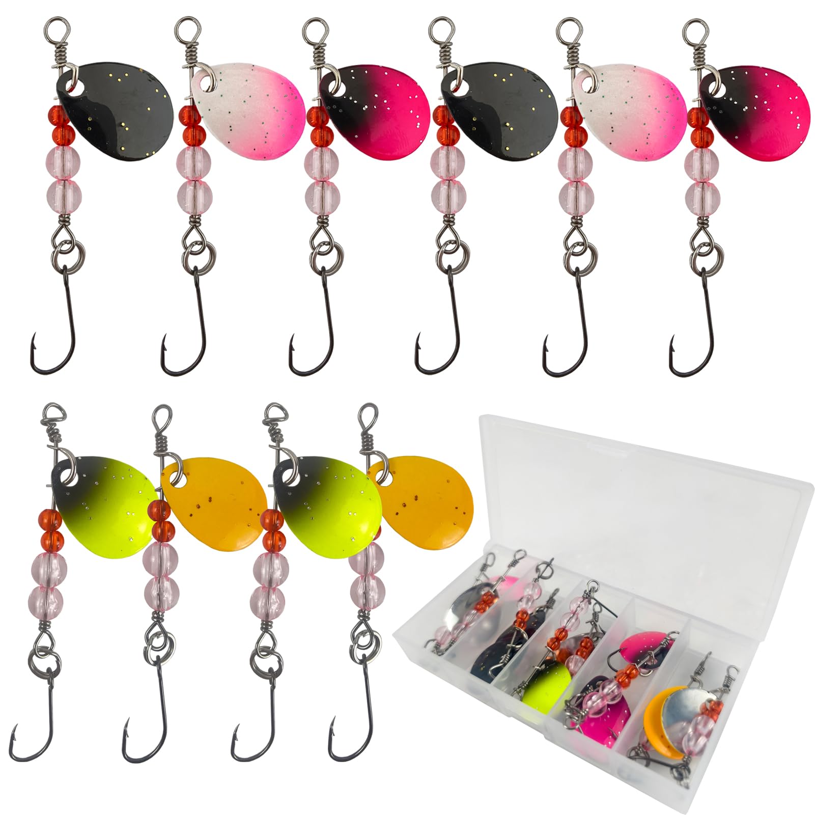 10Pcs Fishing Lure Spinnerbait Inline Spinner Baits Spoon Lures for Bass Salmon Trout with Tackle Box