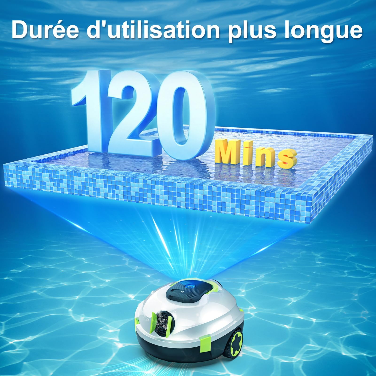 MEDOXA Robot de Piscine sans Fil, aspirateur de Piscine Automatique, 120 Minutes d'autonomie, stationnement Automatique, léger, Puissant Robot pour Piscine Hors-Sol/enterrée jusqu'à 110 ㎡(Blancbleuté)