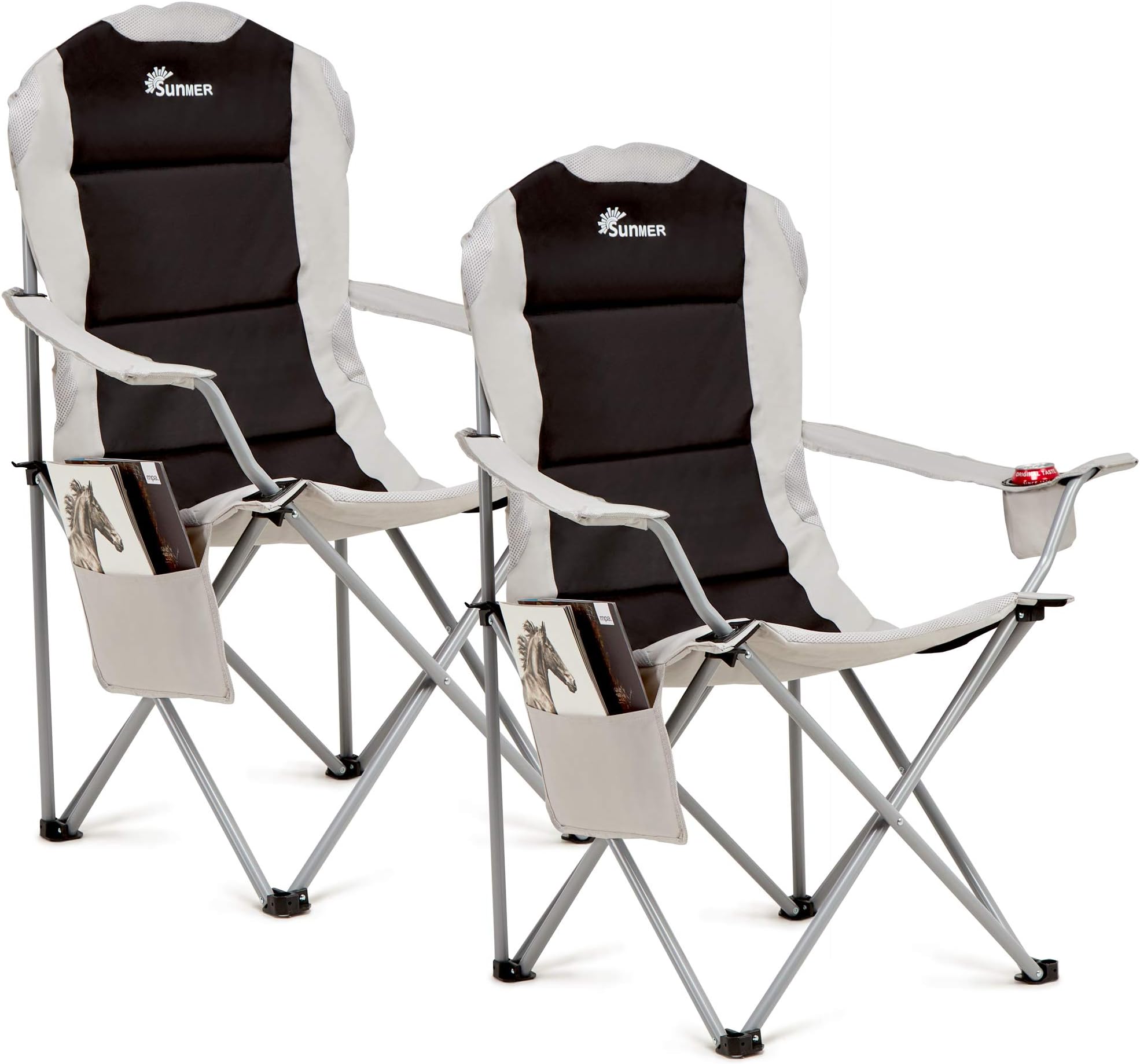 SUNMER Padded Camping Chairs - Set of 2 Deluxe Folding Chairs with Cup Holder and Side Pockets - Holds up to 120kg - Lightweight 3.3kg per Chair - Professional Outdoor & Garden Seating - Black & Grey