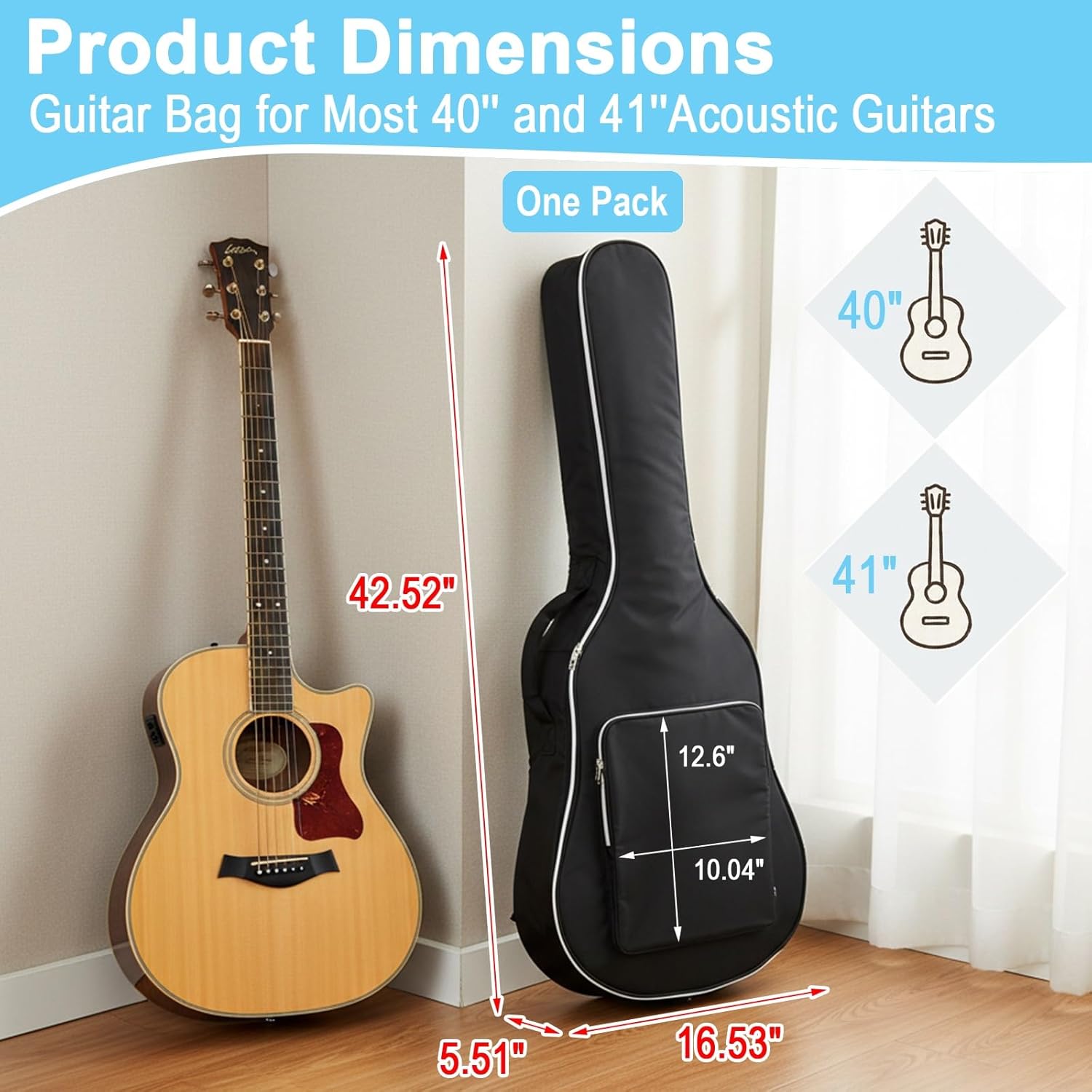 TXEsign 1 Pack Acoustic Guitar Bag Carrying Case for 40/41 Inch Acoustic Guitars, Thick Padding Guitar Case Gig Bag with Adjustable Shoulder Strap and Accessory Pocket (Case Only)