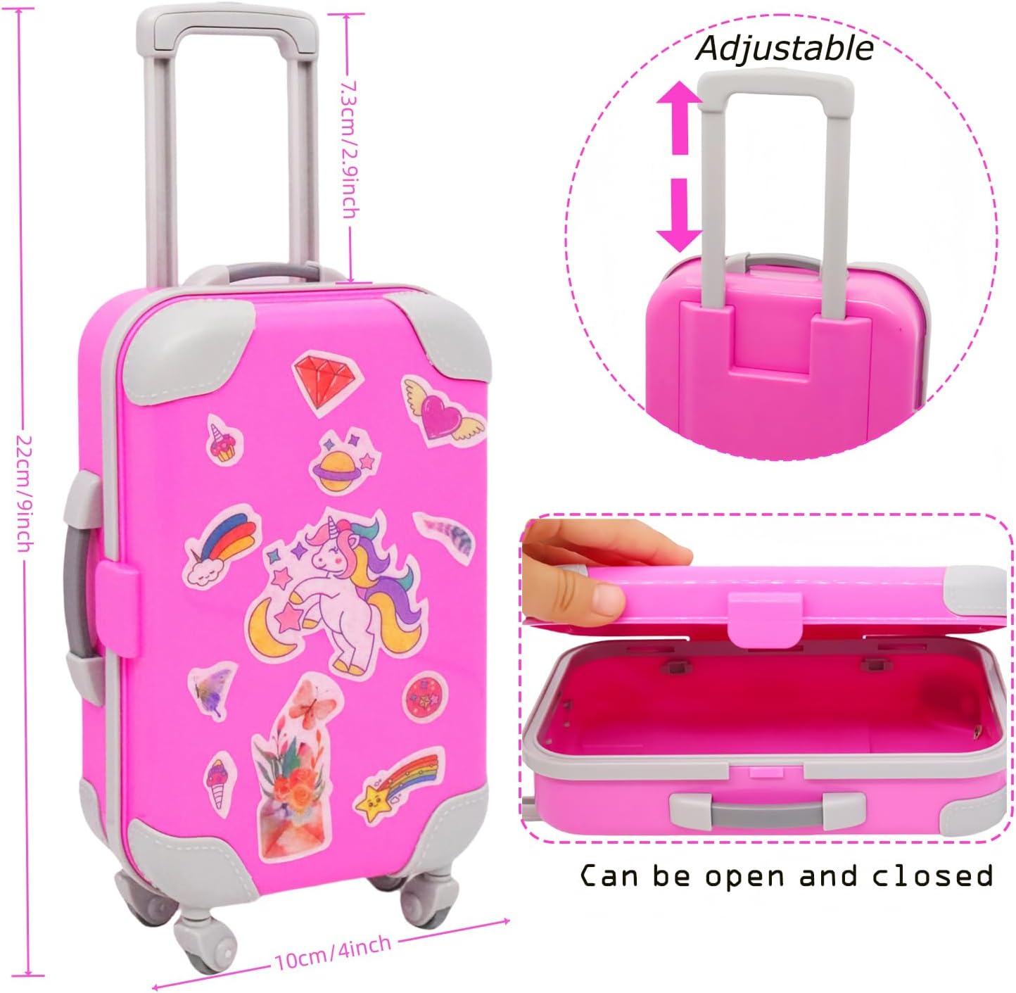 American 18 Inch Doll Clothes and Accessories Travel Set Roller Skates Playset Unicorn Set Including T-shirt,Dress,Suitcase,Hairpin,Sunglass,Stickers,Pencil,Bag,Passport Travel Gear Play Set (No Doll)