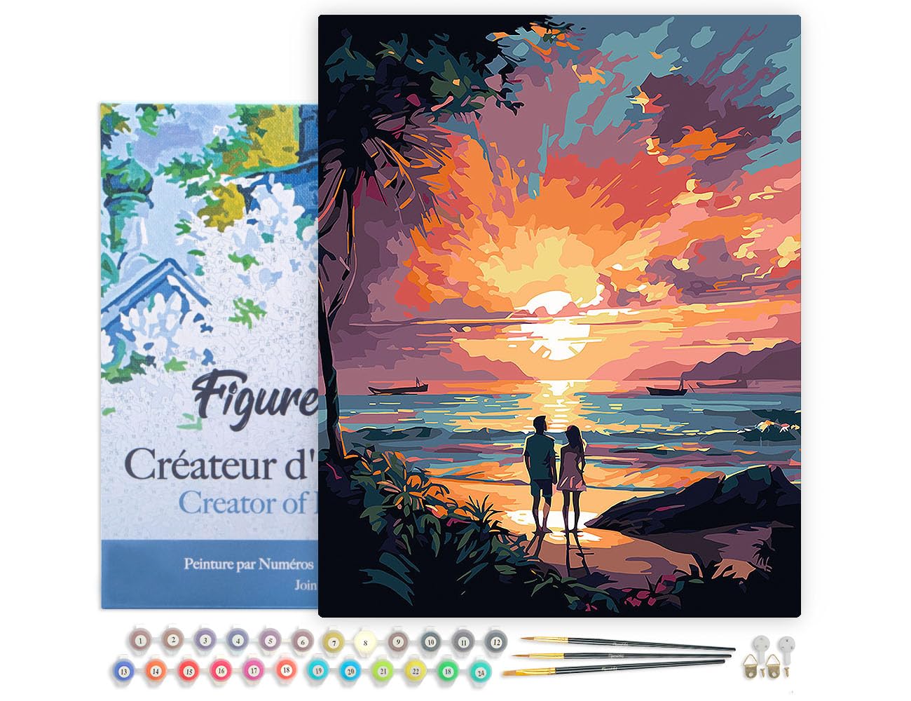Figured'Art Dipingere con i Numeri con Telaio - Paint by Numbers Coppia al Tramonto, Passatempo per Adulti, Kit Completo, Hobby Creativi - Quadri fai da te 40x50cm Tela Già Incorniciata