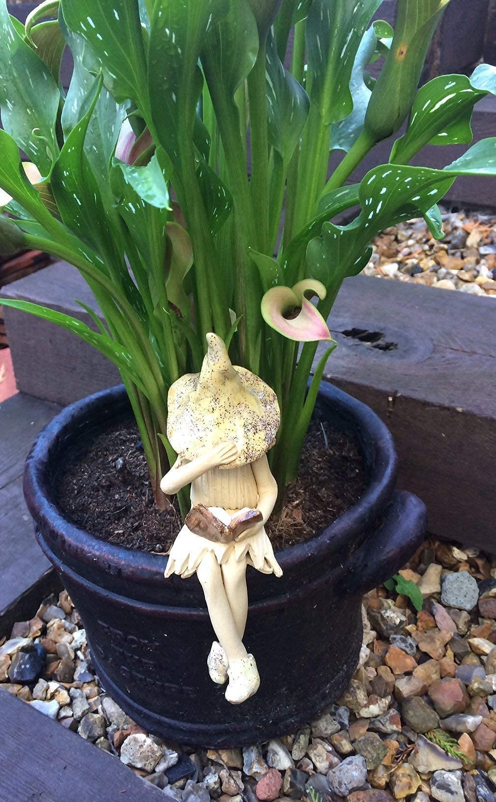 Fairy garden shy fairy figurine, pixie plant pot ornament reading her book, speckled cream, Small - Image 2
