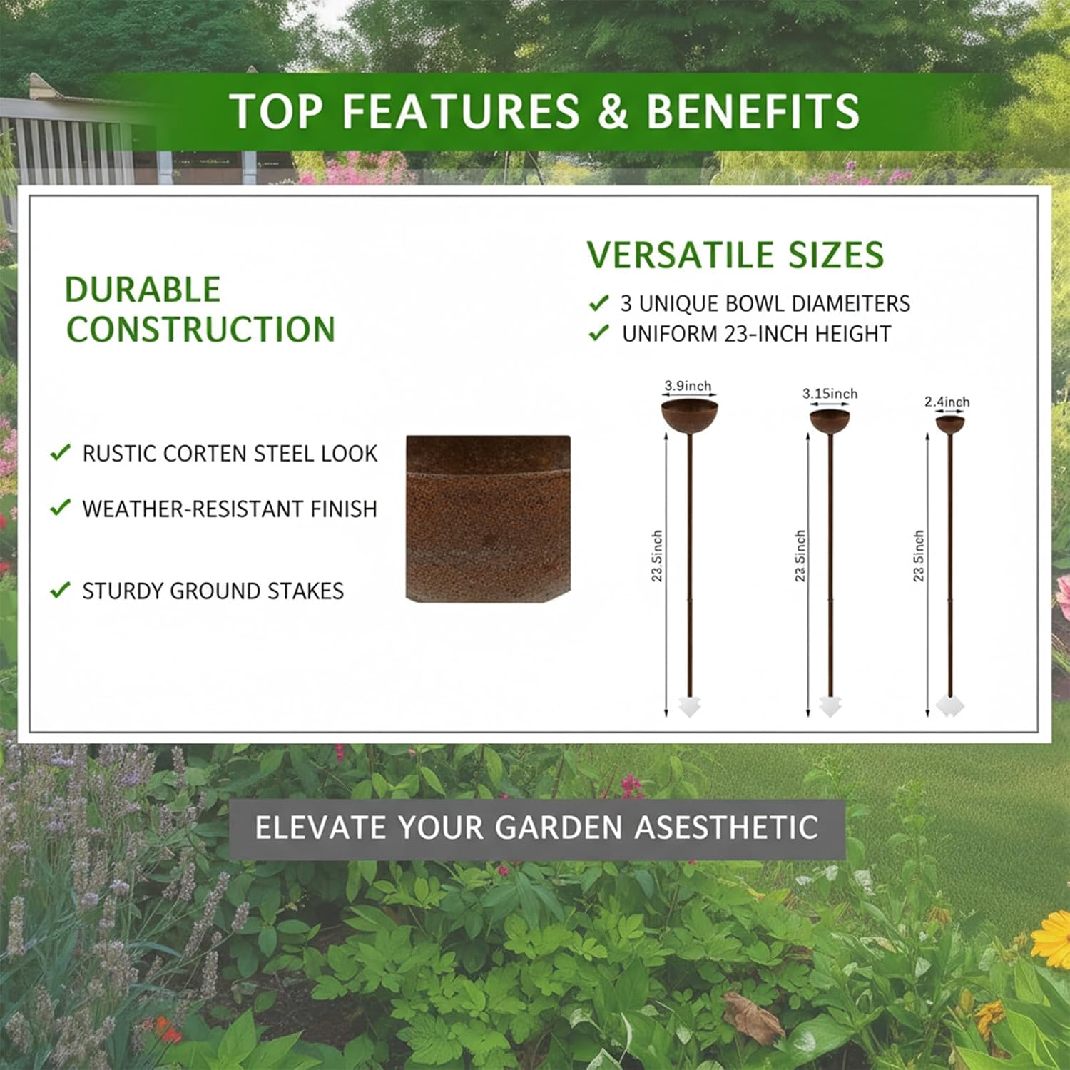 3 Pack Rusty Rain Catcher Garden Stake, Adjustable Metal Bird Feeder & Bird Bath Bowl, Rustic Vintage Outdoor Garden Decor for Lawn Yard Landscaping, Attract Birds & Beneficial Insects(Three-piece)