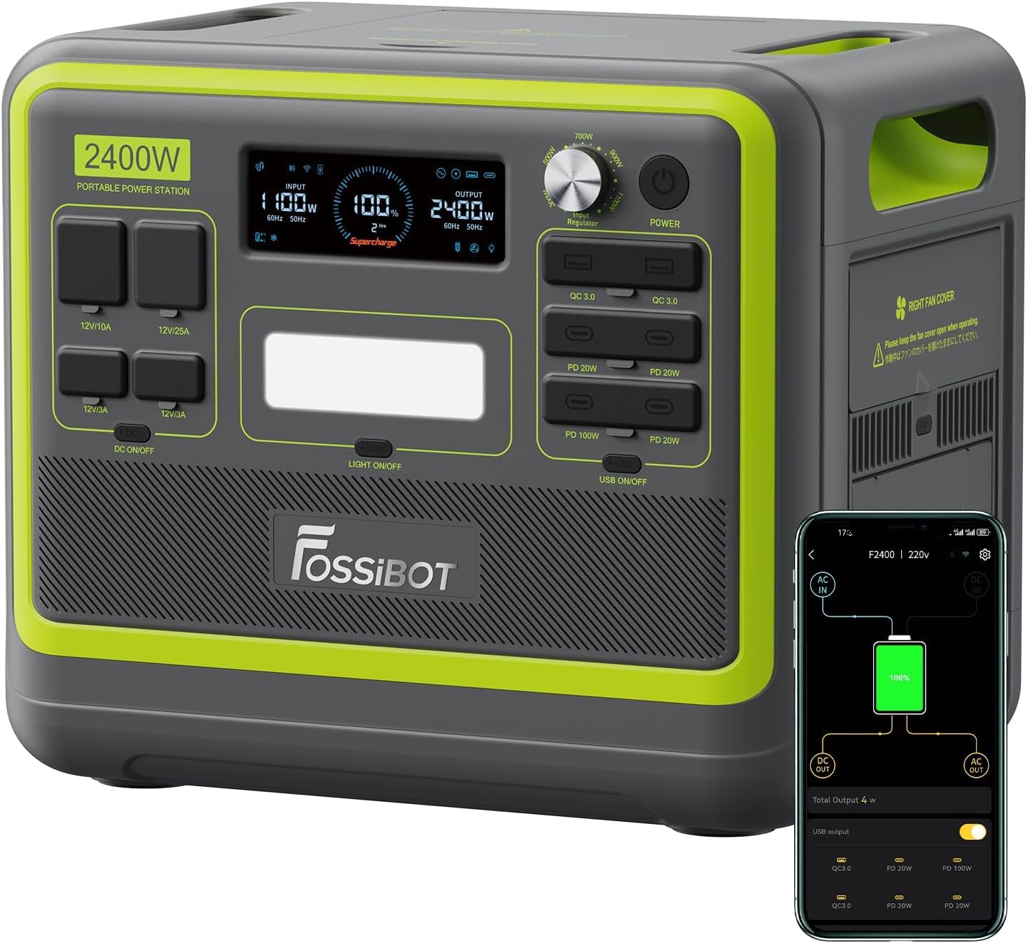 Estación de Energía Solar Portátil FOSSiBOT F2400, 2048Wh Batería LiFePO4, 2400W (4800W Pico), Carga Rápida en 1.5h, 3 Tomas CA, UPS, para Cortes de Luz, Camping y Autocaravana