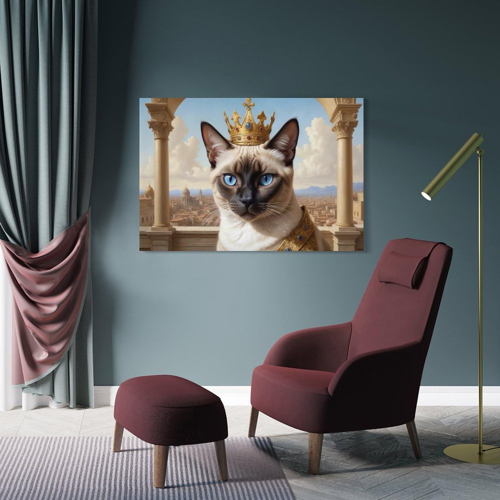 Junmoney Frame-Style-10-1 Regal Siamese Cat With Crown Hanging Wall Art 20X30inch(50X75cm), For Bedroom Walls, Guest Spaces Or Lounges, Home Artwork With A Soft Interior Feel