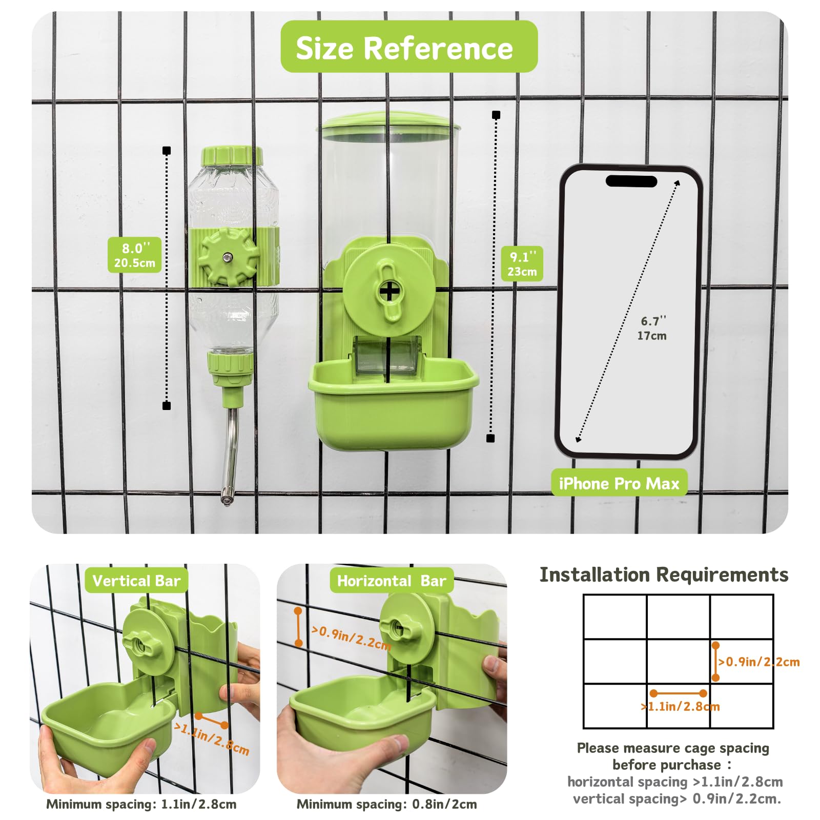 Automatic Pet Food Water Dispenser, Auto Gravity Pet Feeder Water Bottle Set for Cage, Feeding Station for Puppy Kitten Rabbit Guinea Pigs Chinchilla Ferret Hedgehog (Green)