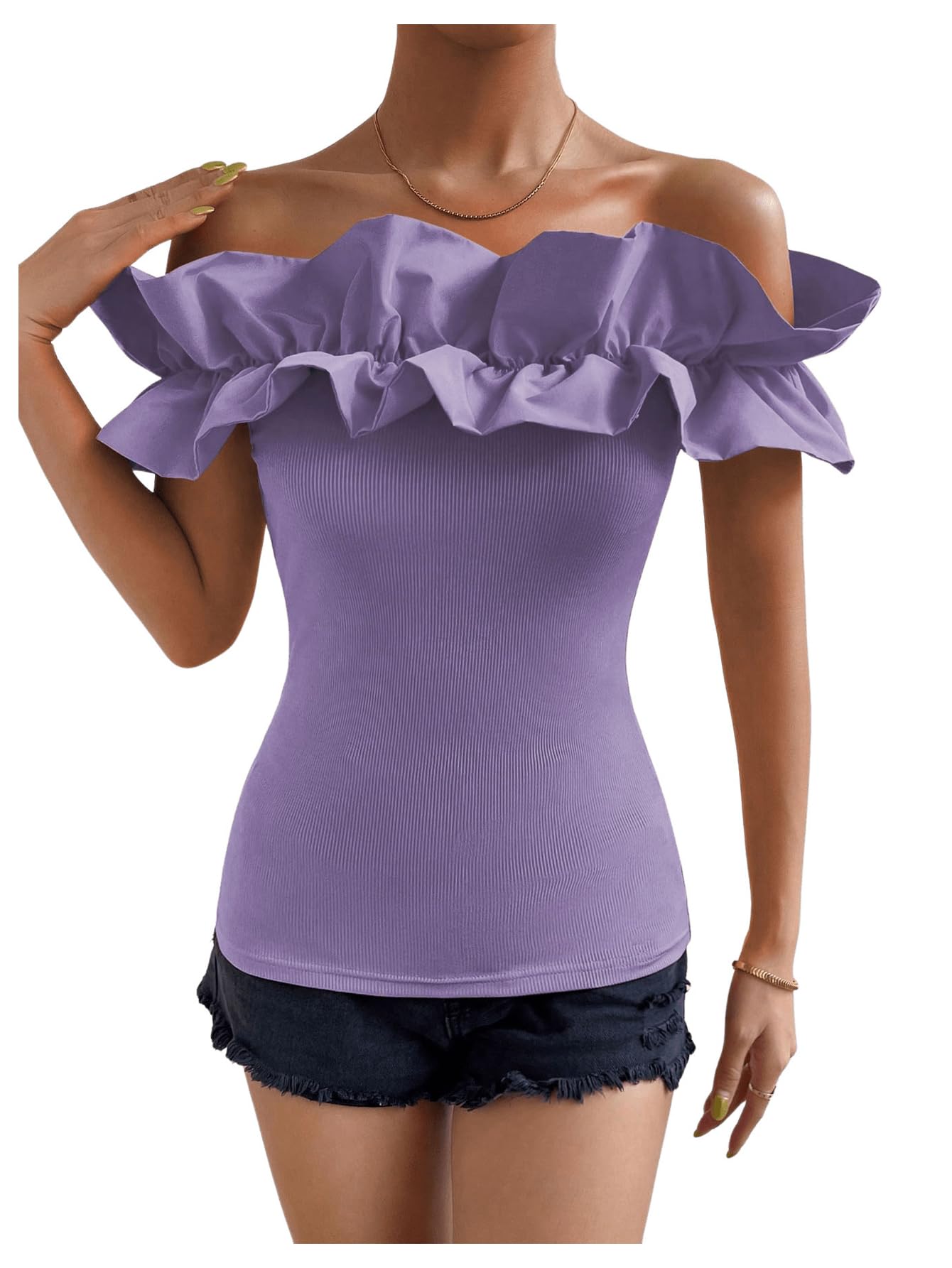 OYOANGLE Women's Ruffle Trim Off Shoulder Short Sleeve Blouse Party Tops Shirt
