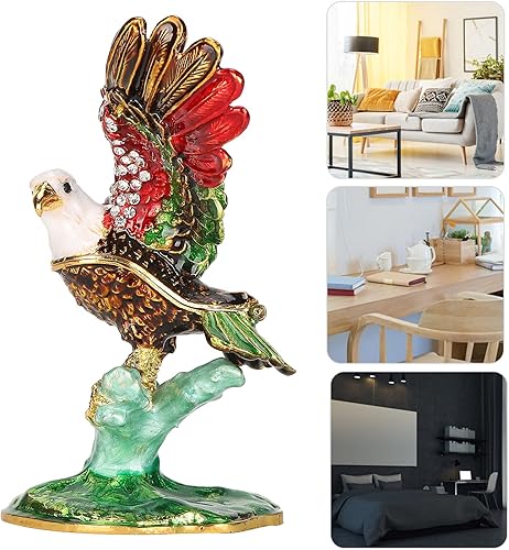 Vista 2 de Cyrank Caja de baratijas con diseño de águila esmaltada, con bisagras, pequeña caja de joyería decorativa con diamantes de imitación, delicado