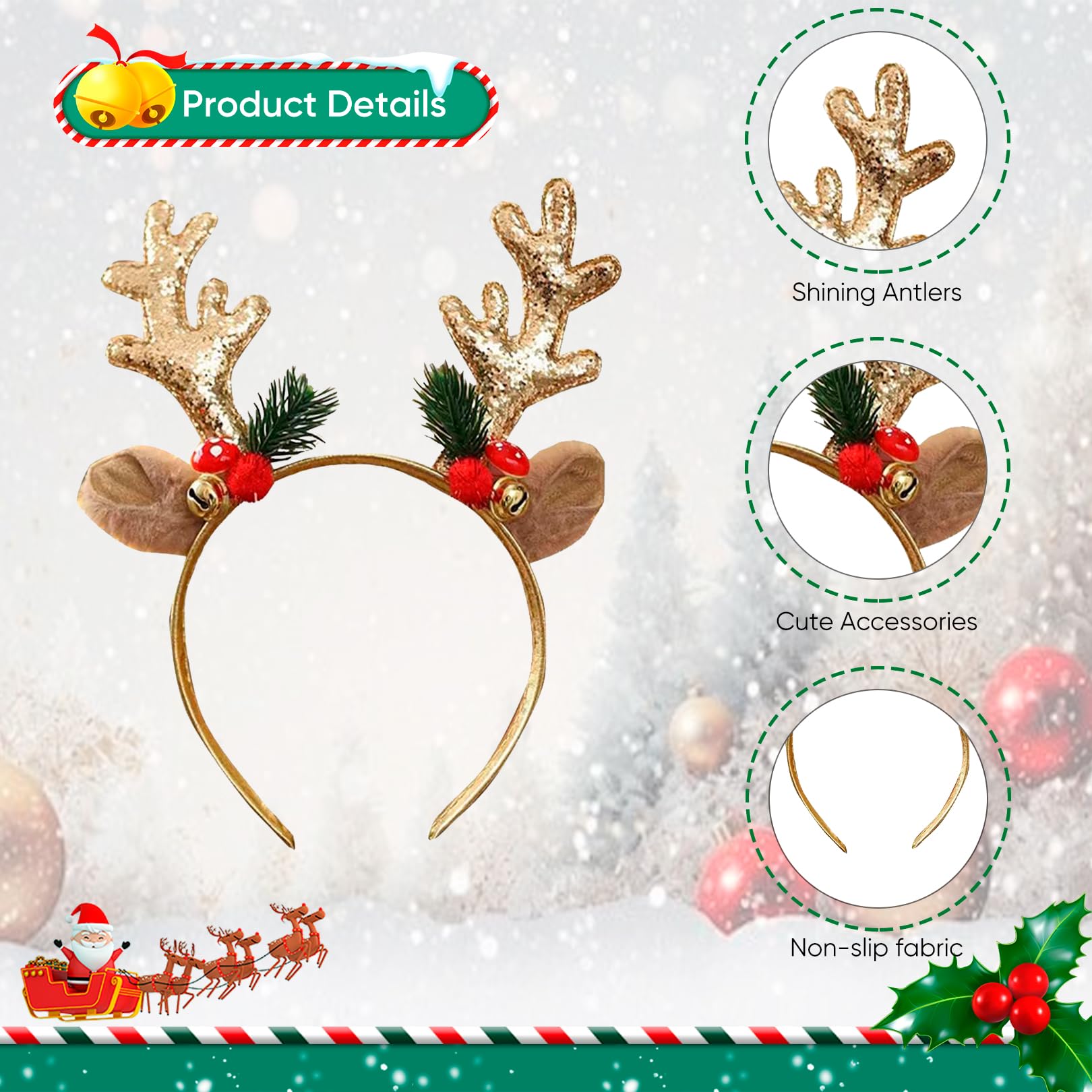 Christmas Headbands for Adults,Gold Xmas Headband Accessories Women Sparkly Reindeer Hairband Head Hair Bands Gifts Sparkly Funny Antlers Ears Christmasheadband for Girls Festive Party Supplies - Image 3