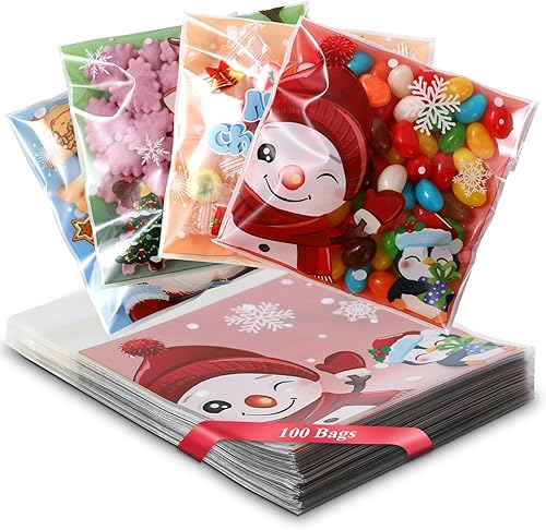 idolpack Paquete de 100 bolsas de celofán de Navidad de 4 x 4 pulgadas, transparentes, resellables, de plástico selladas, bolsas de regalo de