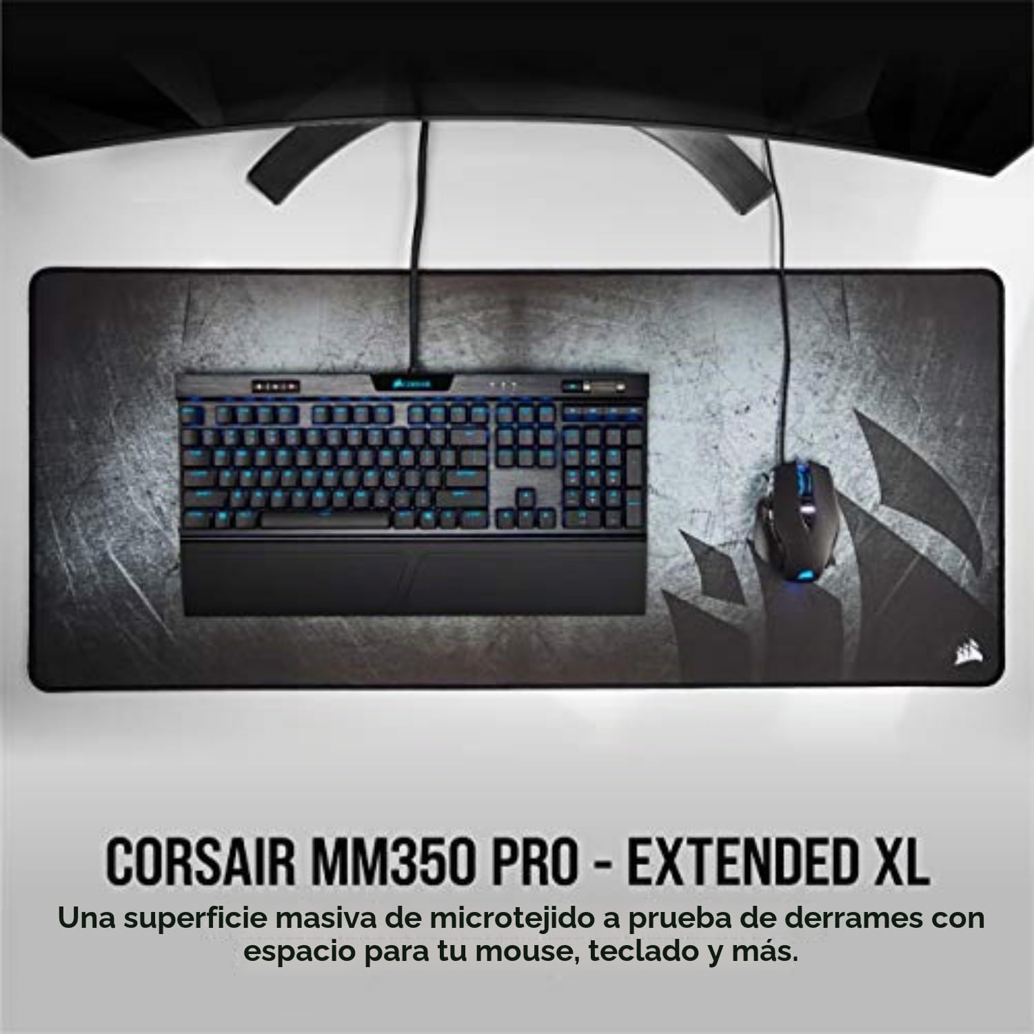 Corsair MM350 PRO Alfombrilla Tela a Prueba de Derrames para Juegos, Superficie 93 cm x 40 cm, Microtejido, Goma Afelpada gruesa 4 mm, Base Goma Texturizada Antideslizante, Negro/Gris, Extendido XL