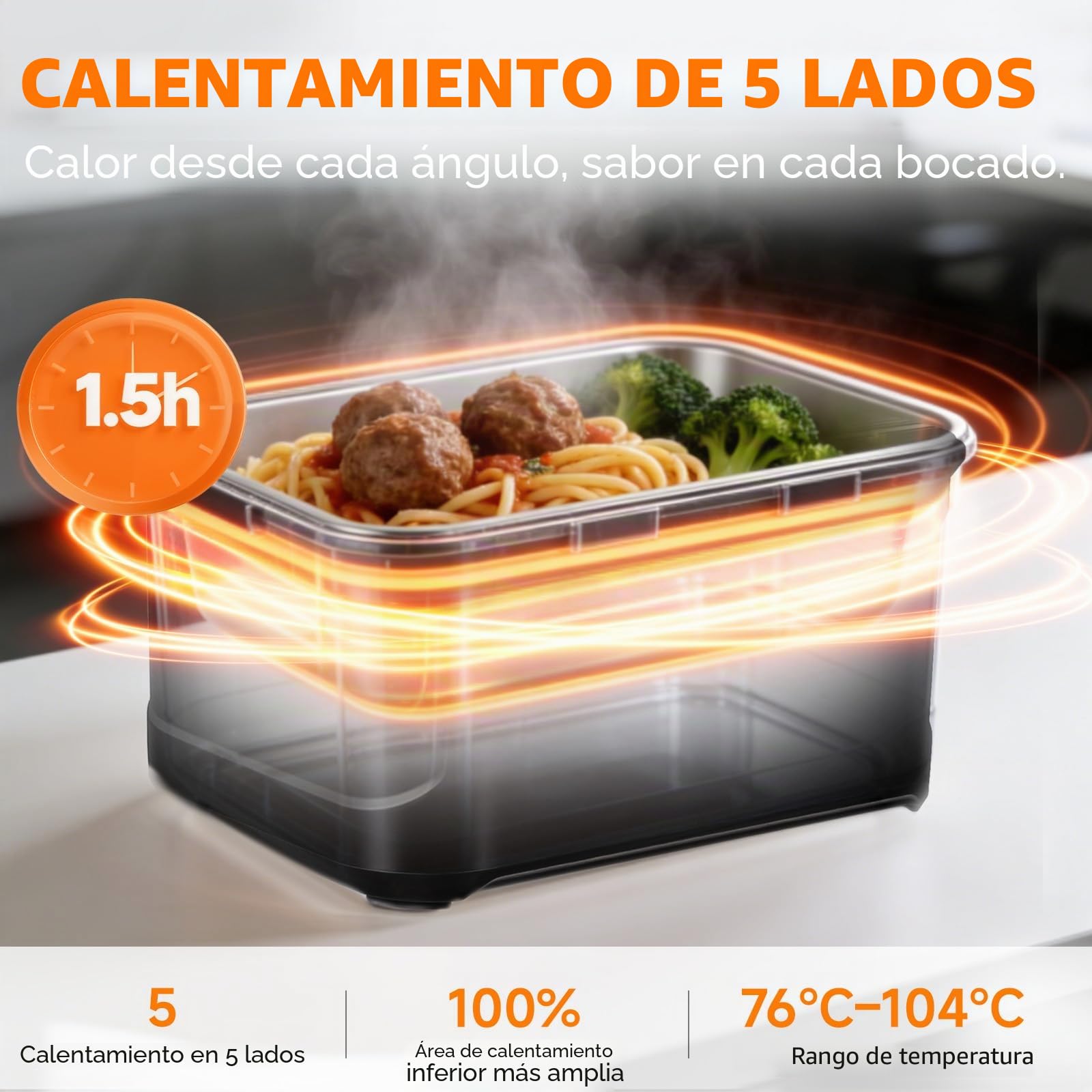 AMZCHEF Fiambrera Electrica de 1,5 L - taper electrico para comida de 27 000 mAh, calentamiento en 5 caras, función de calentamiento instantáneo, con reloj y memoria, recarga rápida (negro)