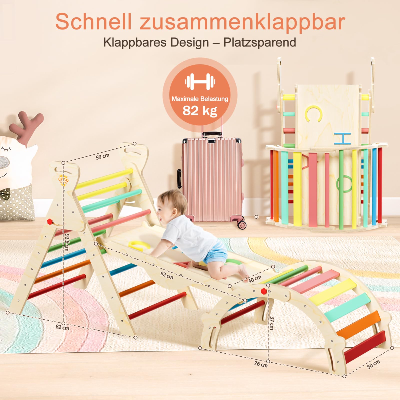 Pikler Dreieck 8-in-1 klappbar, Montessori Klettergerüst Indoor aus Holz mit Rutsche, Kletterbogen und Rampe für Kinder 1–6 Jahre stabil und platzsparend, Regenbogenfarben