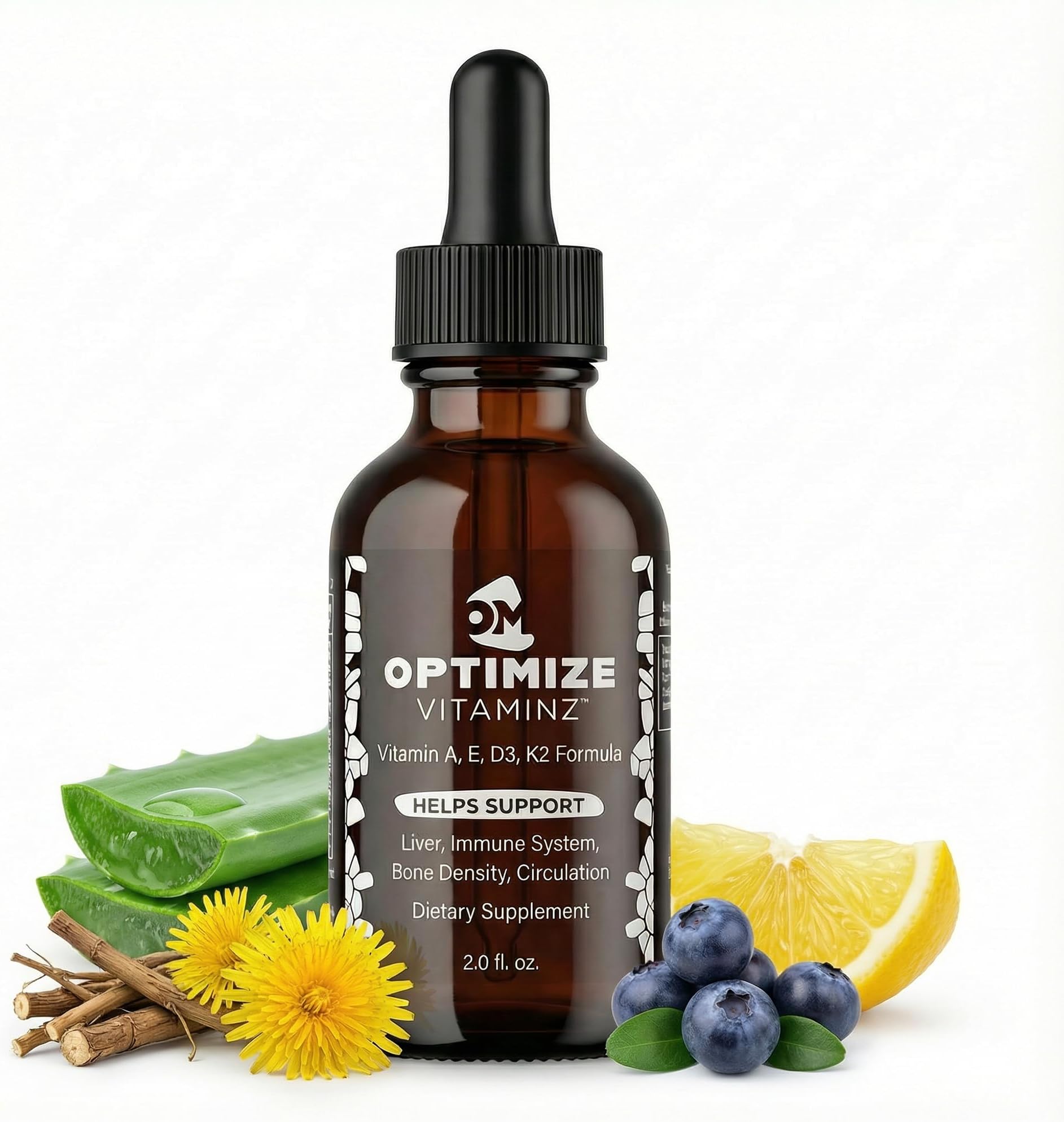 Optimize Vitaminz Liquid Vitamin D3 K2 Drops with Dandelion Root & Bilberry | Immune, Liver & Bone Support, MK-7 Formula, Fast Absorption Liquid Multivitamin, 30 Day Supply, 2 Fl Oz