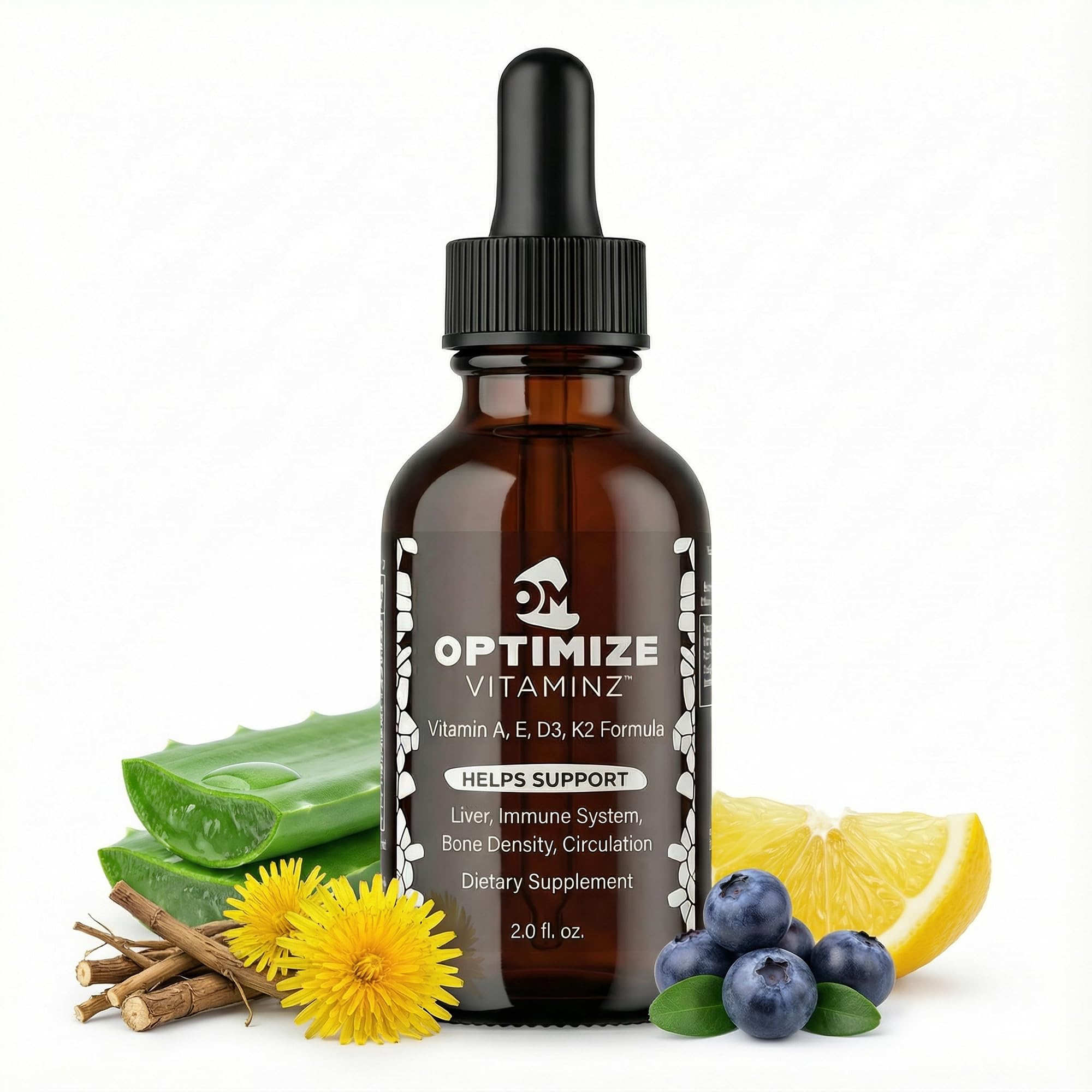 Optimize Vitaminz Liquid Vitamin D3 K2 Drops with Dandelion Root & Bilberry | Immune, Liver & Bone Support, MK-7 Formula, Fast Absorption Liquid Multivitamin, 30 Day Supply, 2 Fl Oz